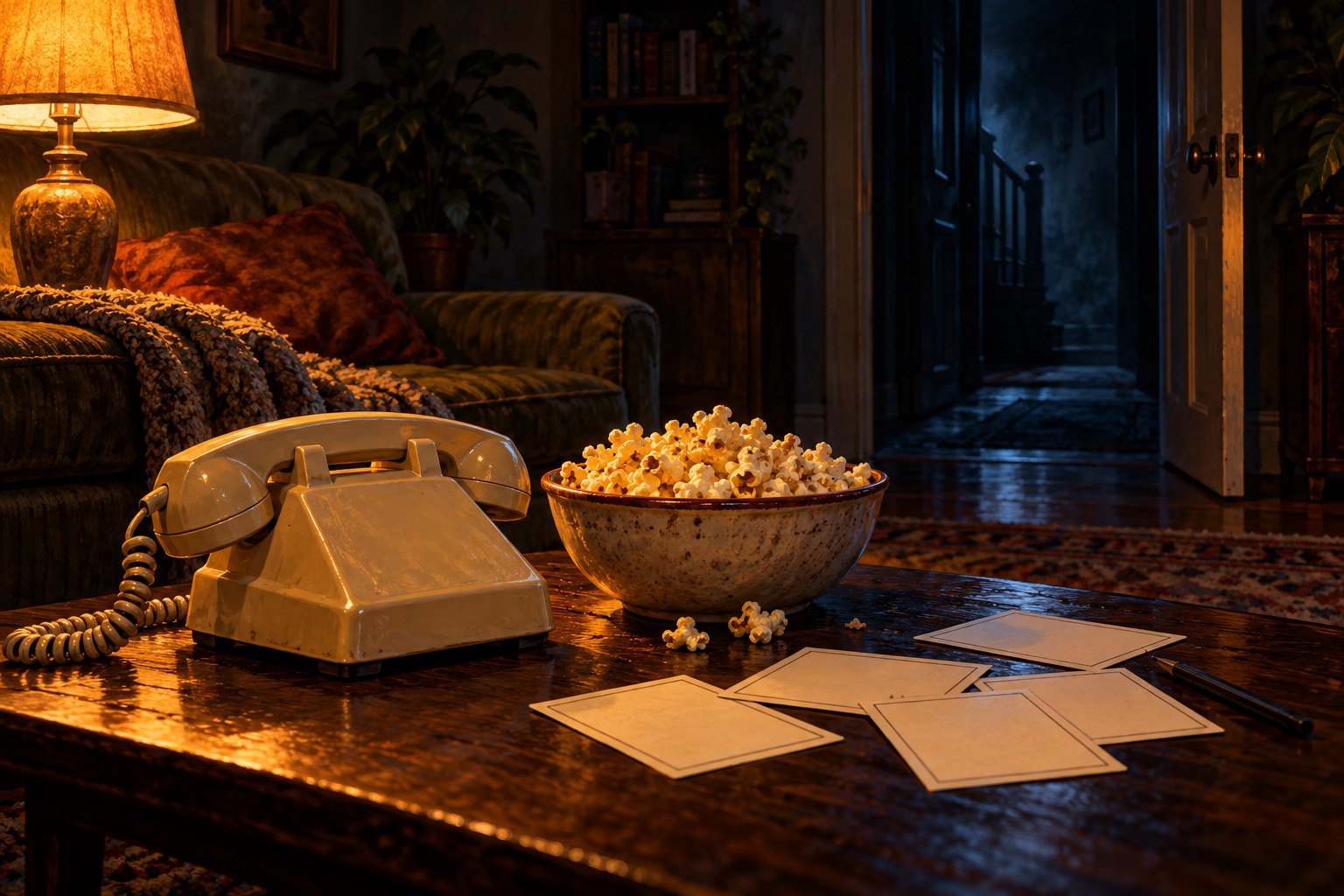 A vintage cream telephone, popcorn, and blank quiz cards sit on a coffee table near a dark doorway.