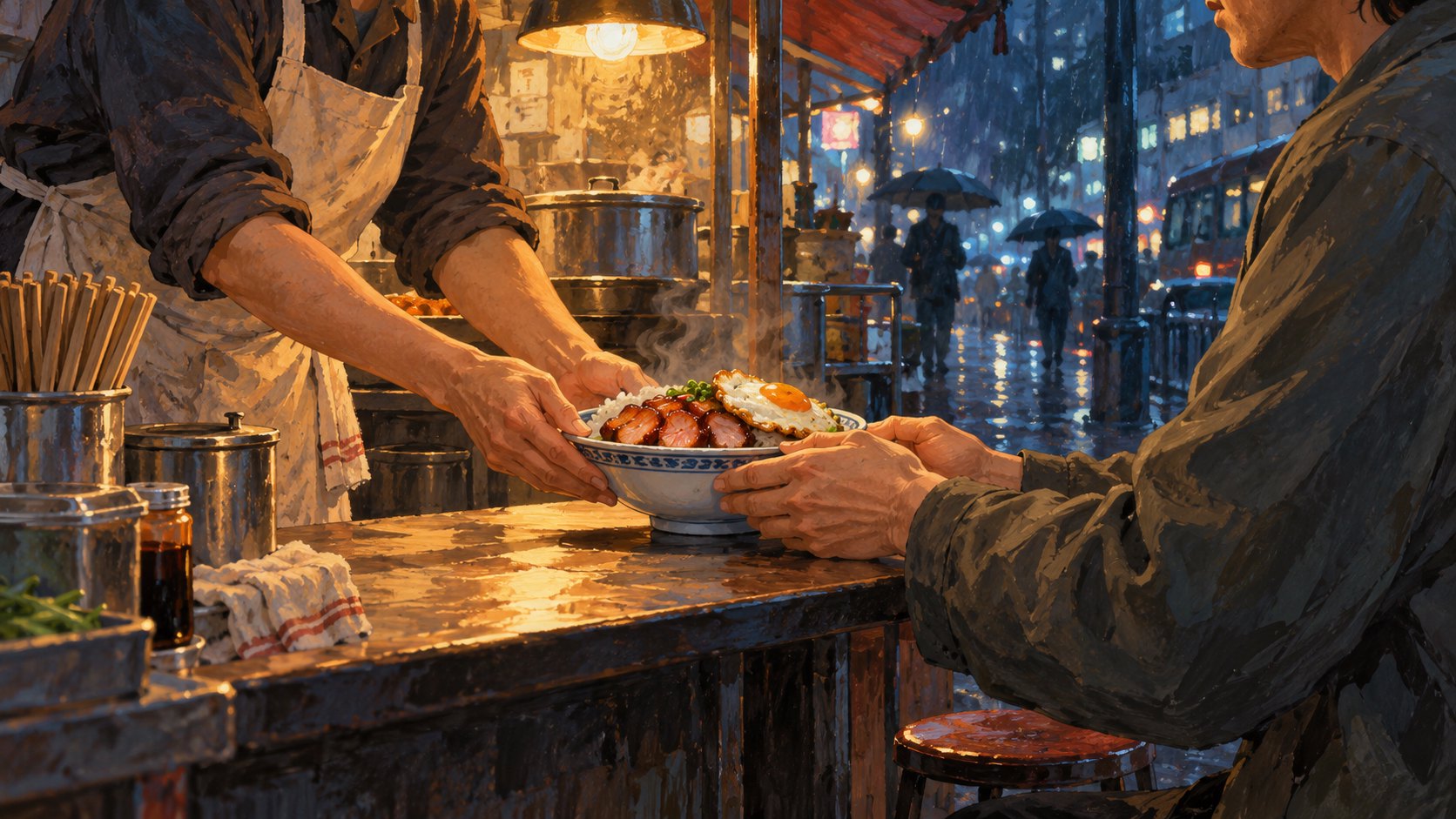雨夜小吃攤裡,料理者將叉燒蛋飯遞給疲憊食客的原創概念插畫,非電影劇照