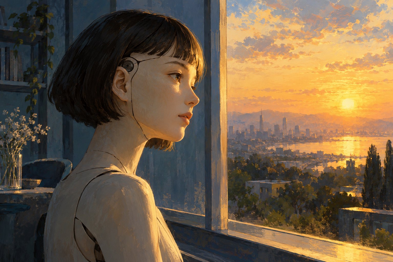 Conceptual illustration of a feminine android watching a golden sun through a window, not a film still.