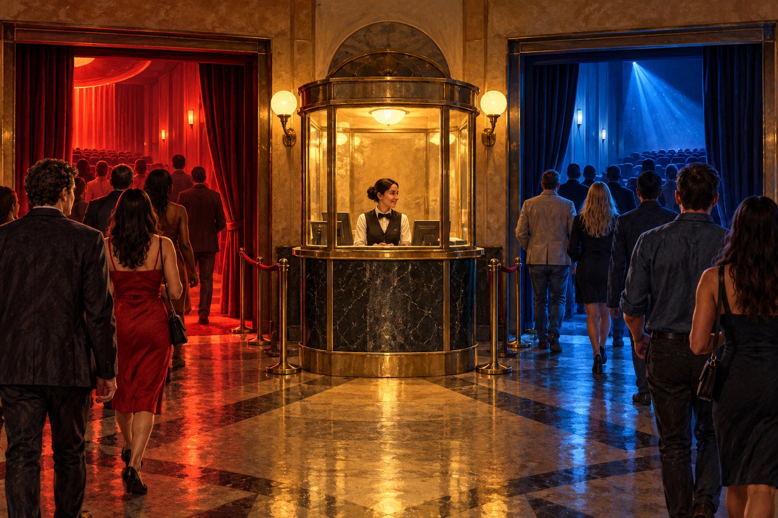 An illustrated cinema ticket counter with moviegoers heading toward two differently lit auditorium entrances.
