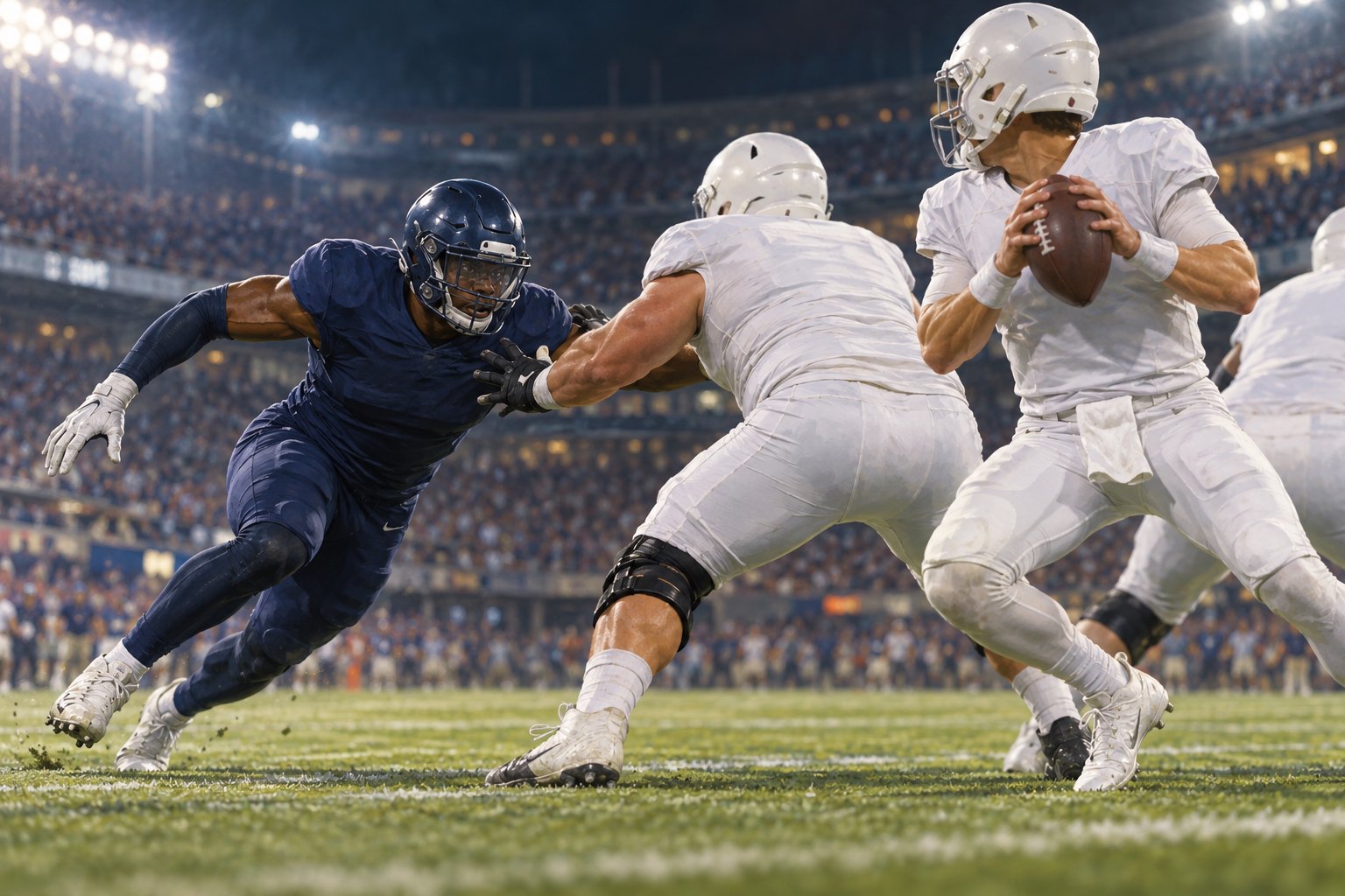 Conceptual illustration of an anonymous defensive player approaching a quarterback behind a blocker under stadium lights.
