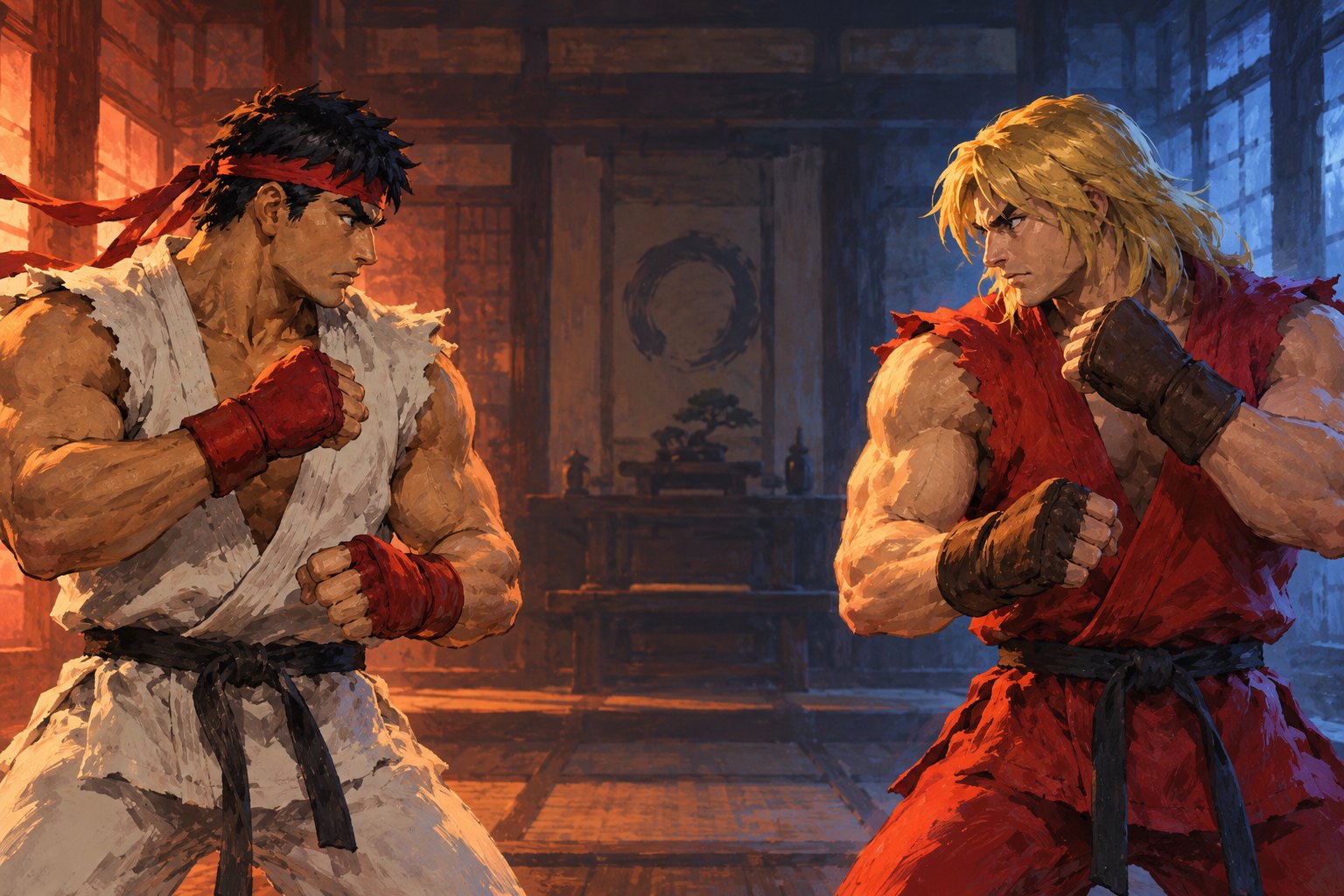 Conceptual illustration of Ryu in a white gi facing Ken in a red gi inside a martial arts training room.
