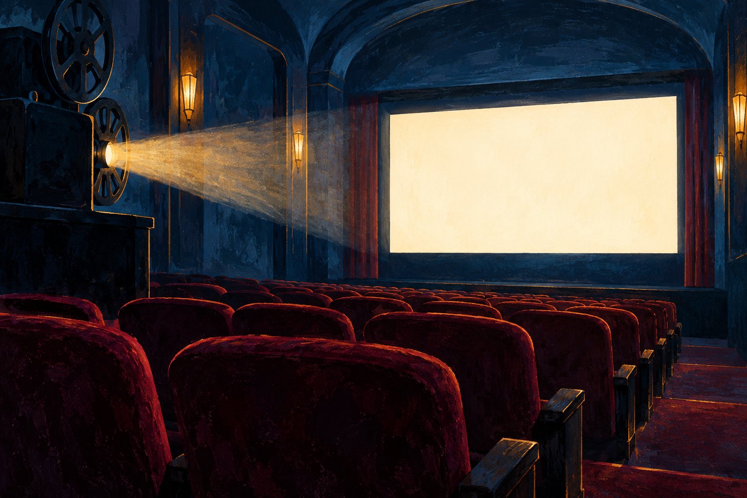 Illustration of an empty cinema with burgundy seats and a warm projector beam illuminating a blank screen.