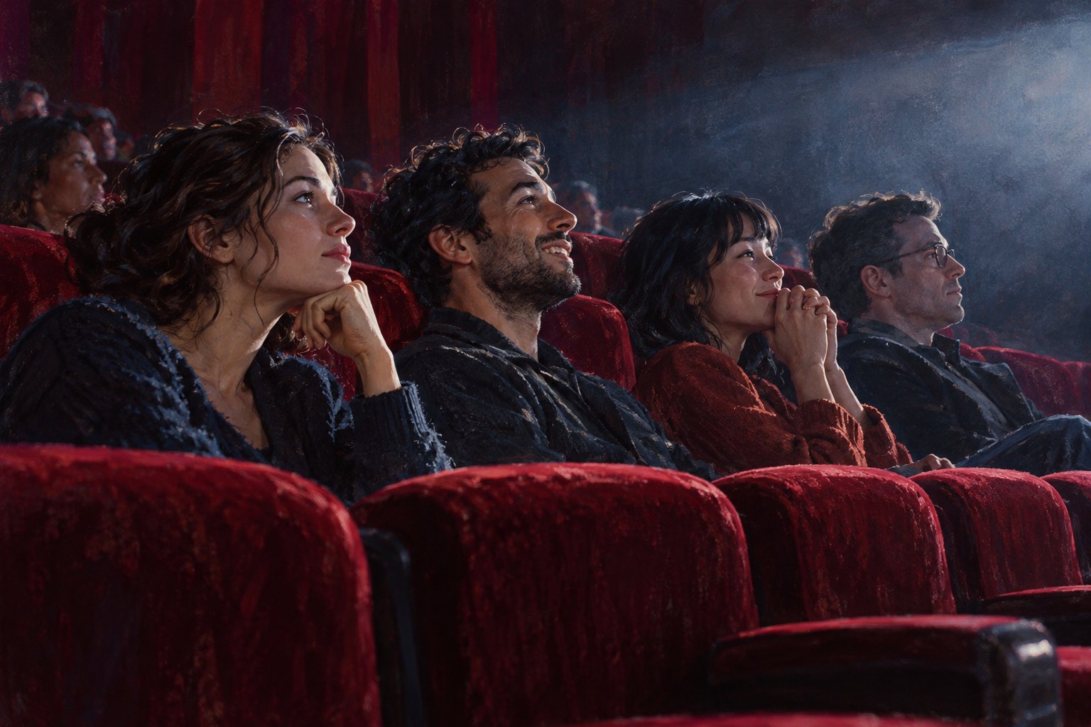 Painterly illustration of cinema viewers with different expressions seated in red chairs under soft projection light.