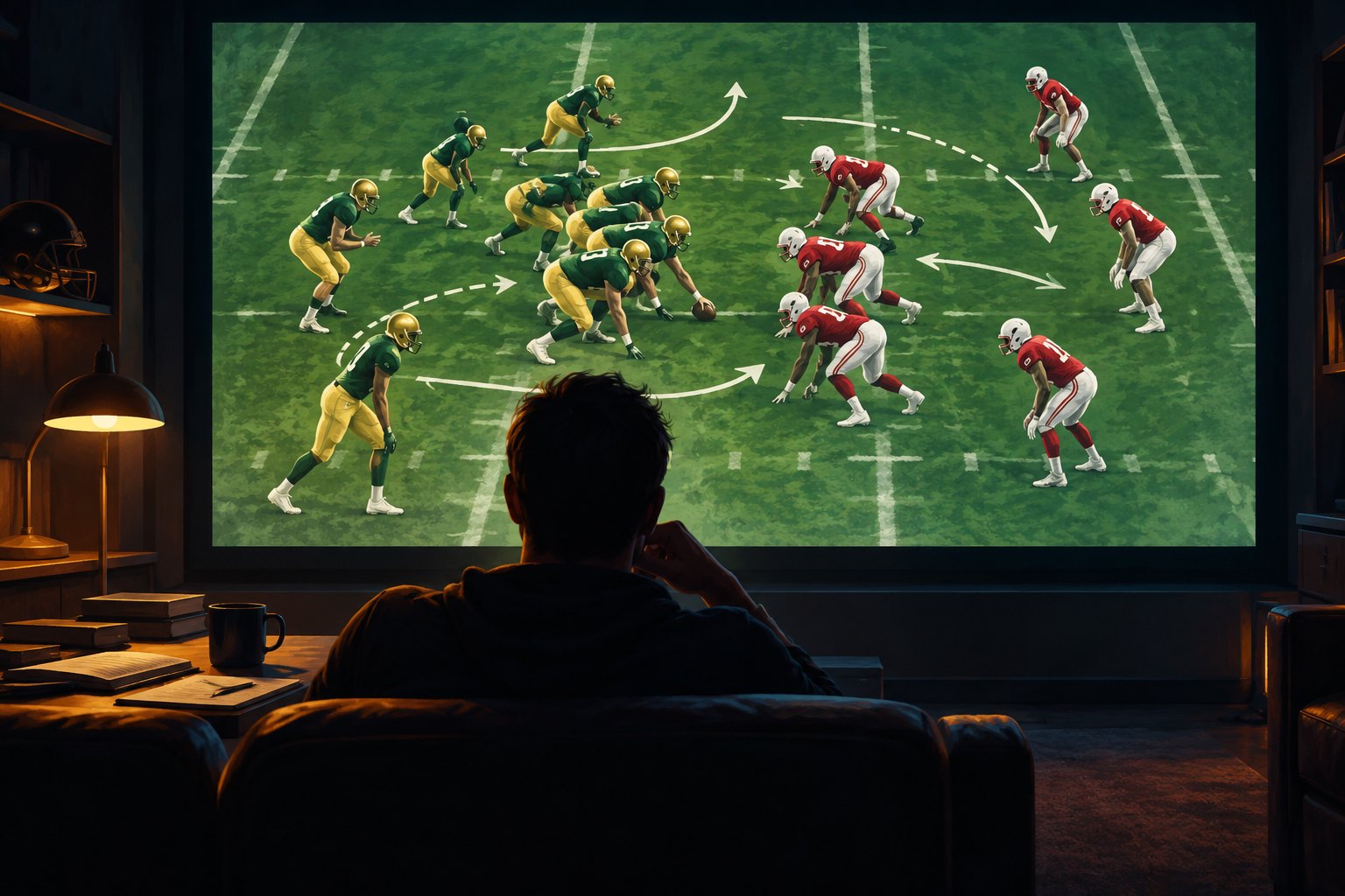 Conceptual illustration of a viewer studying football formations on a large screen in a dark room.