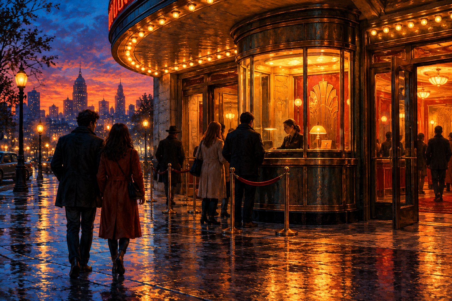 Painterly illustration of moviegoers approaching a warmly lit cinema ticket booth at twilight.