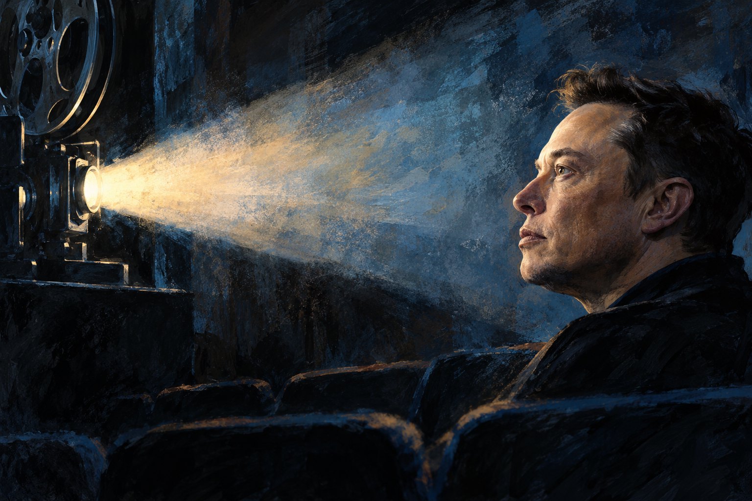 Conceptual illustration of Elon Musk in profile facing a cinema projector’s beam against a dark blue background.