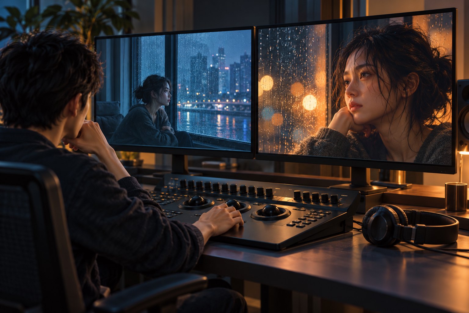 剪辑师对照雨夜窗边人物的远景与近景,观察构图和光线带来的情绪变化,画面为概念示意