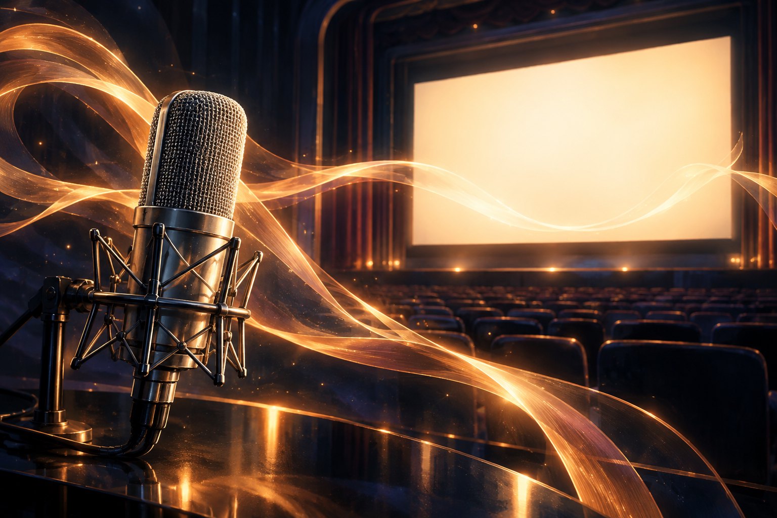 Conceptual illustration of a studio microphone and golden ribbons of light in front of a blank cinema screen.
