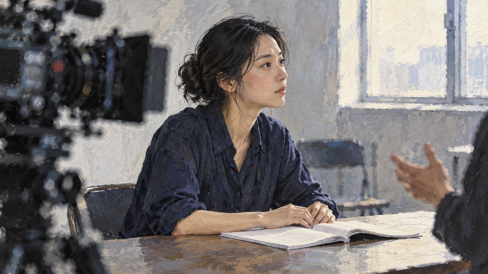 演員準備工作的概念插畫:女子坐在排練桌旁專注聆聽,前景可見攝影機,非電影劇照或本人肖像