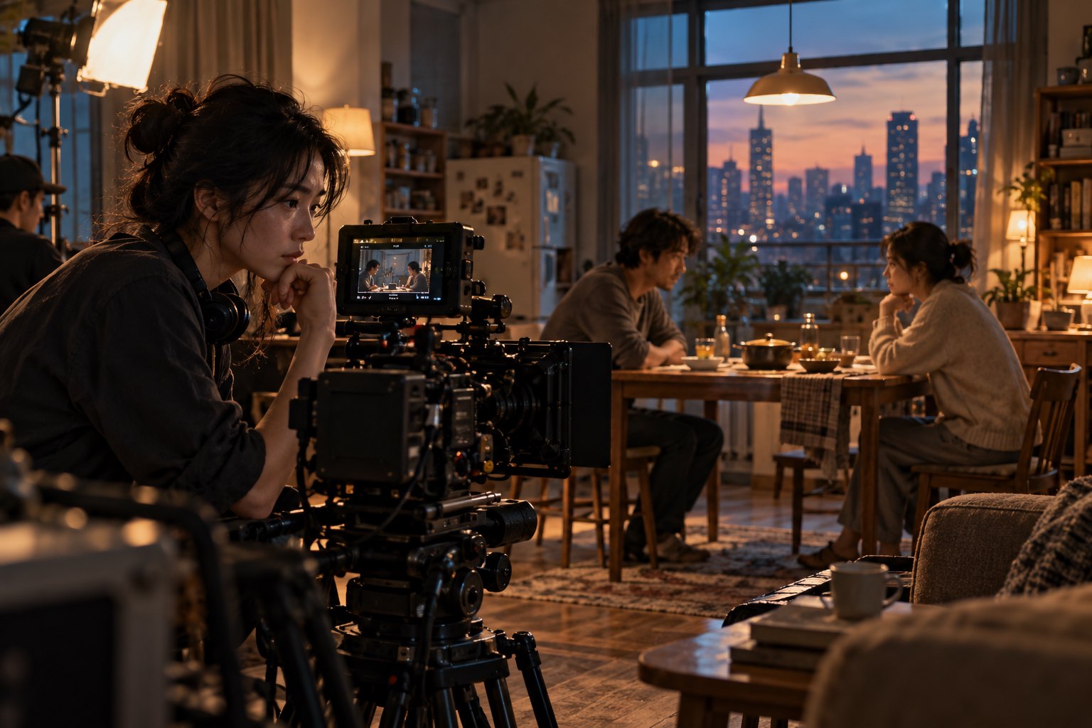电影创作主题插画:年轻女导演在摄影机旁观察公寓餐桌前的演员对戏