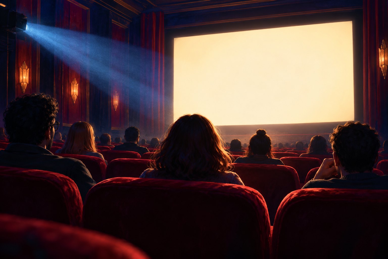 Original illustration of viewers seated in red theater chairs beneath a projector beam facing a glowing blank screen.