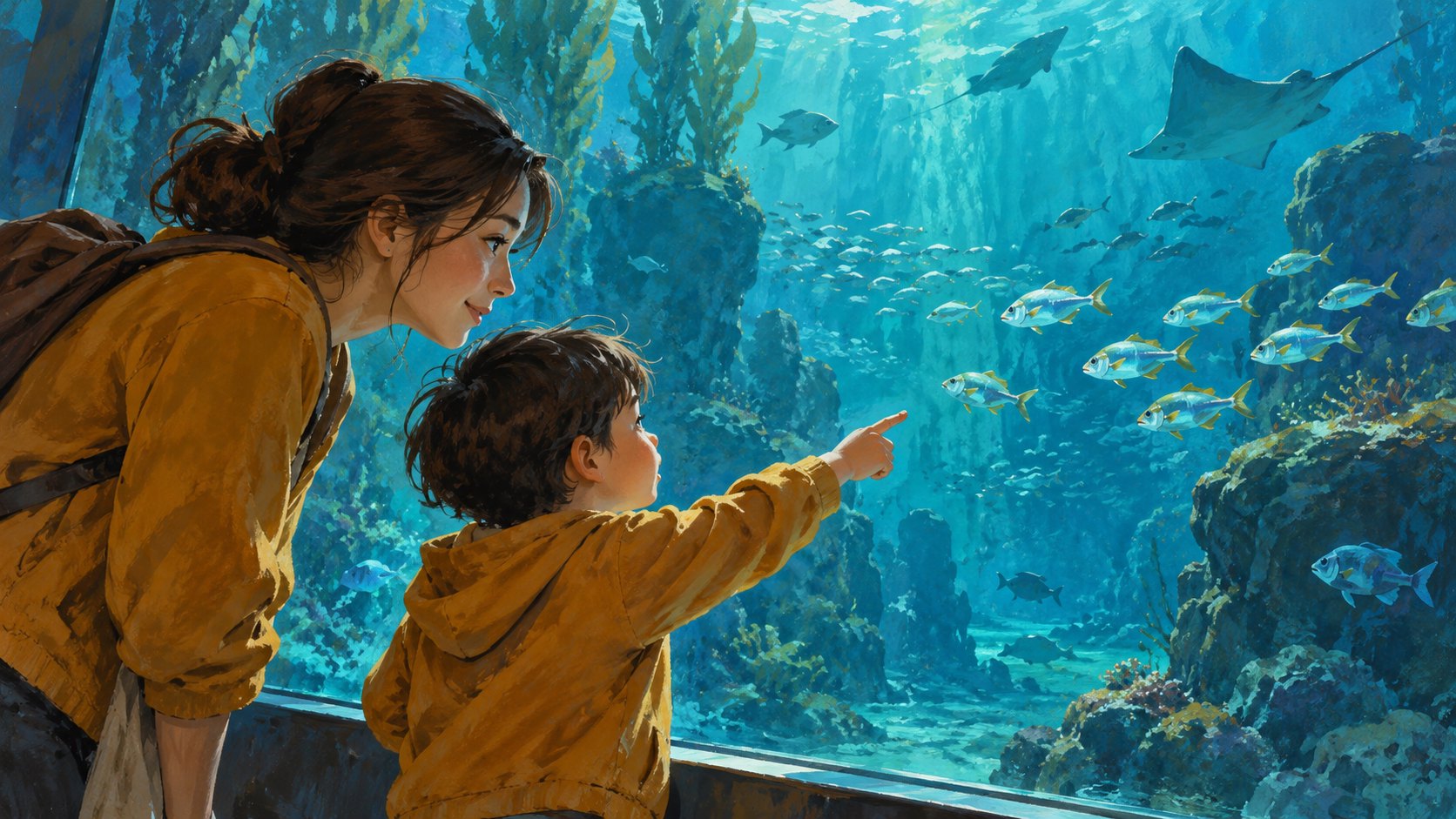 家長與孩子並肩凝望水族箱中的魚群,呈現共同探索海洋的概念插畫,非電影劇照