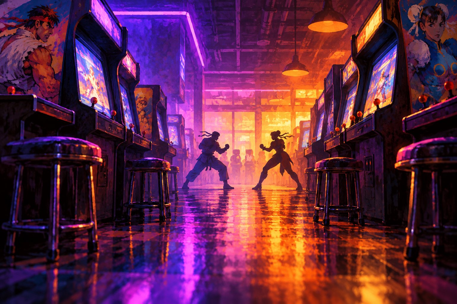 Painterly illustration of two martial artists facing each other in a violet-and-amber arcade aisle.