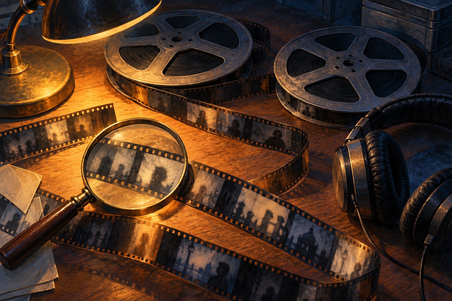 Illustration of film reels, a magnifying glass, and headphones on a desk illuminated by a warm lamp.