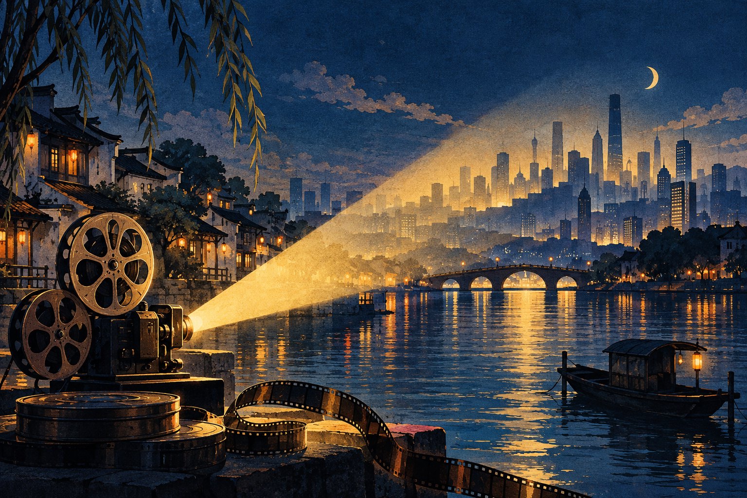 概念插画:放映机的暖金色光束越过江南城市水岸,照向远处的城市剪影