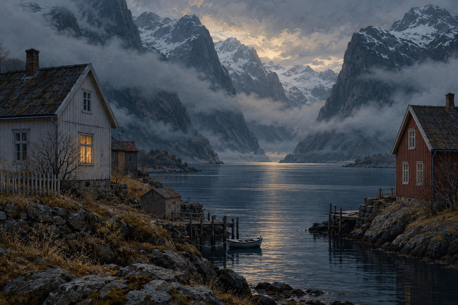Painterly editorial illustration of neighboring wooden houses beside a misty Norwegian fjord.
