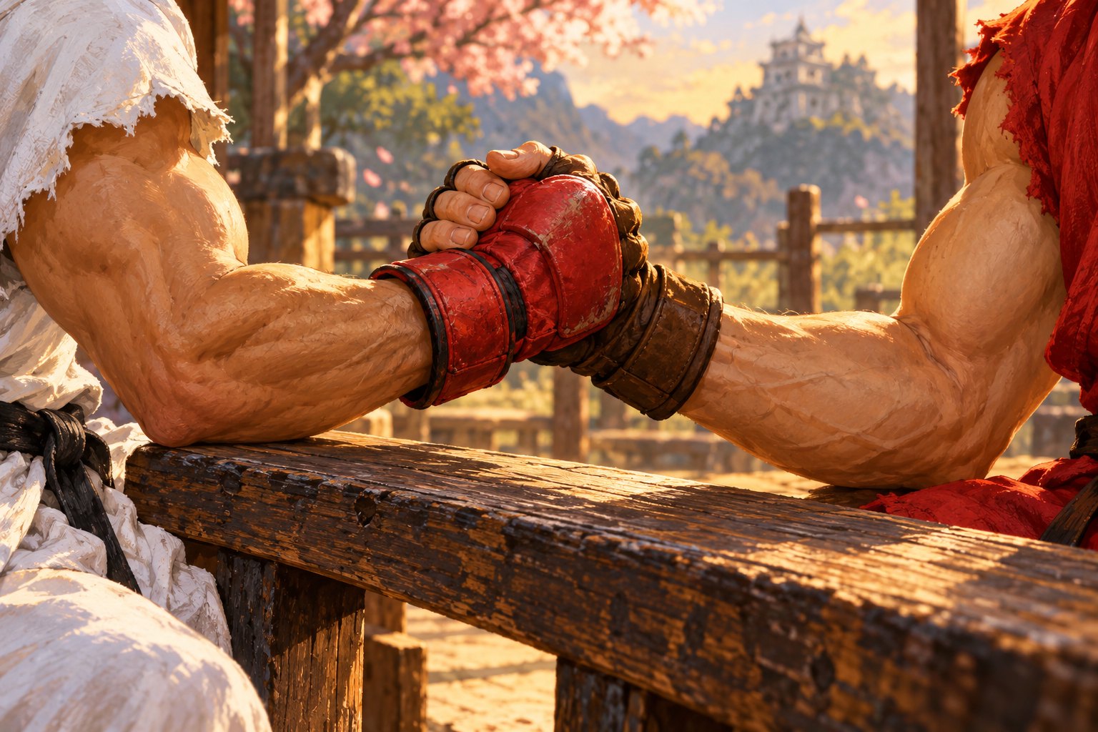 Symbolic illustration of martial artists in white and red uniforms clasping gloved hands above a wooden railing.