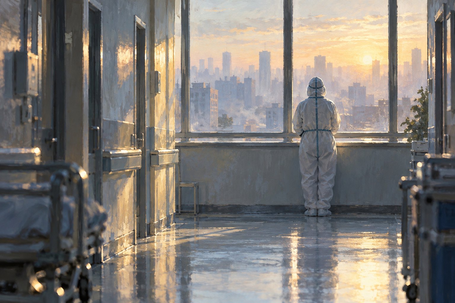 晨光照进医院走廊,一位身穿白色防护服的医护工作者背对观众站在窗前,主题插画,非电影剧照