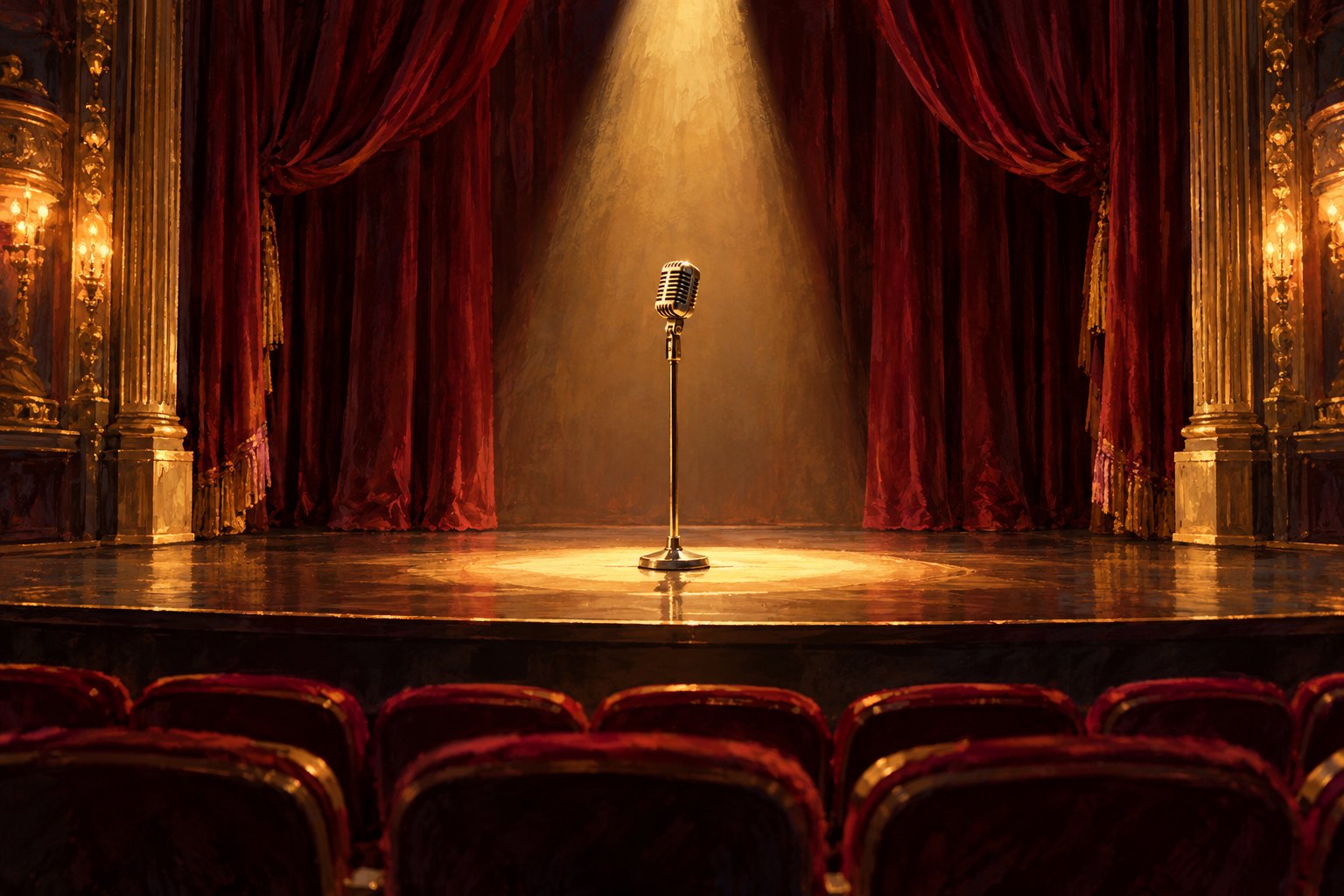 Editorial illustration of a vintage microphone under a golden spotlight on an empty theater stage framed by burgundy curtains.