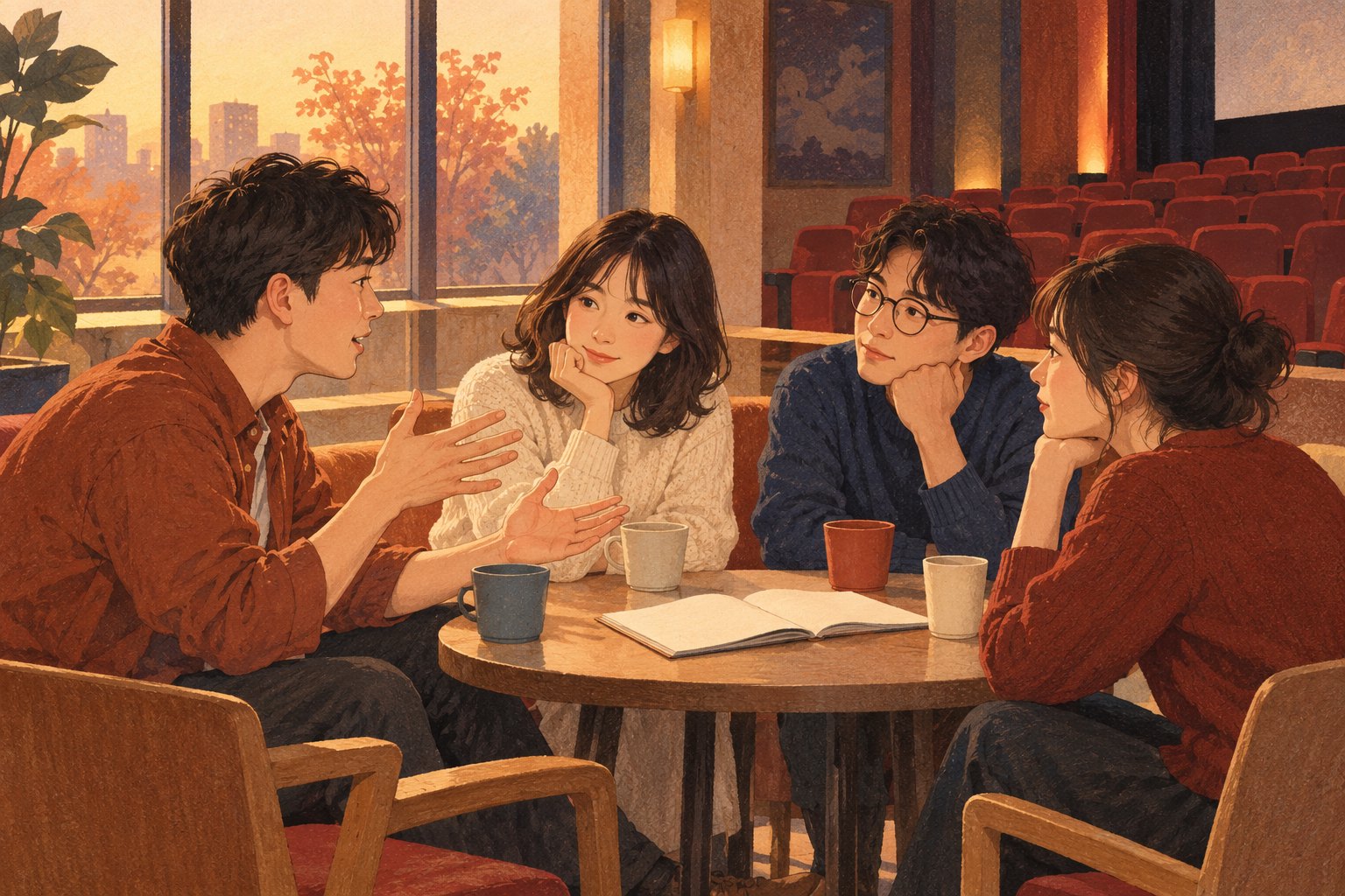 四位青年围坐圆桌交流观影感受，桌上放着笔记本与水杯的概念插画
