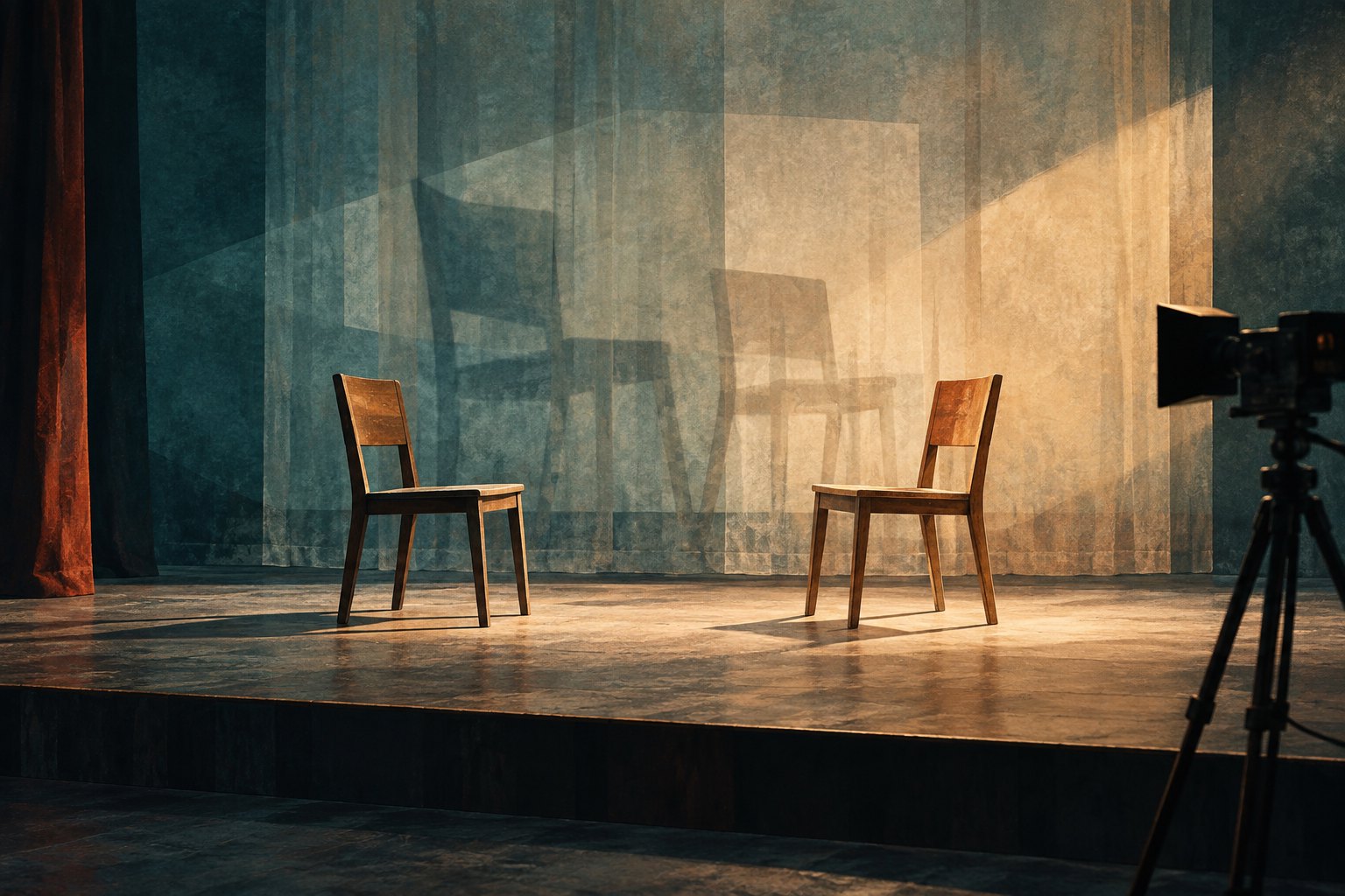 Conceptual illustration of two empty wooden chairs on a rehearsal stage, with overlapping shadows and a camera on a tripod.