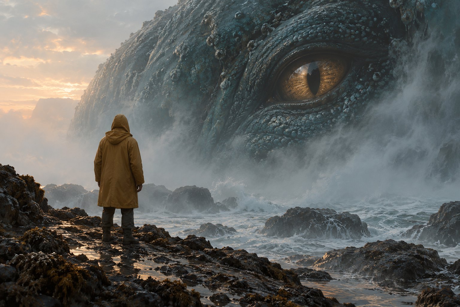 Conceptual illustration of an observer in an ochre raincoat facing a giant creature’s amber eye across a misty rocky shore.
