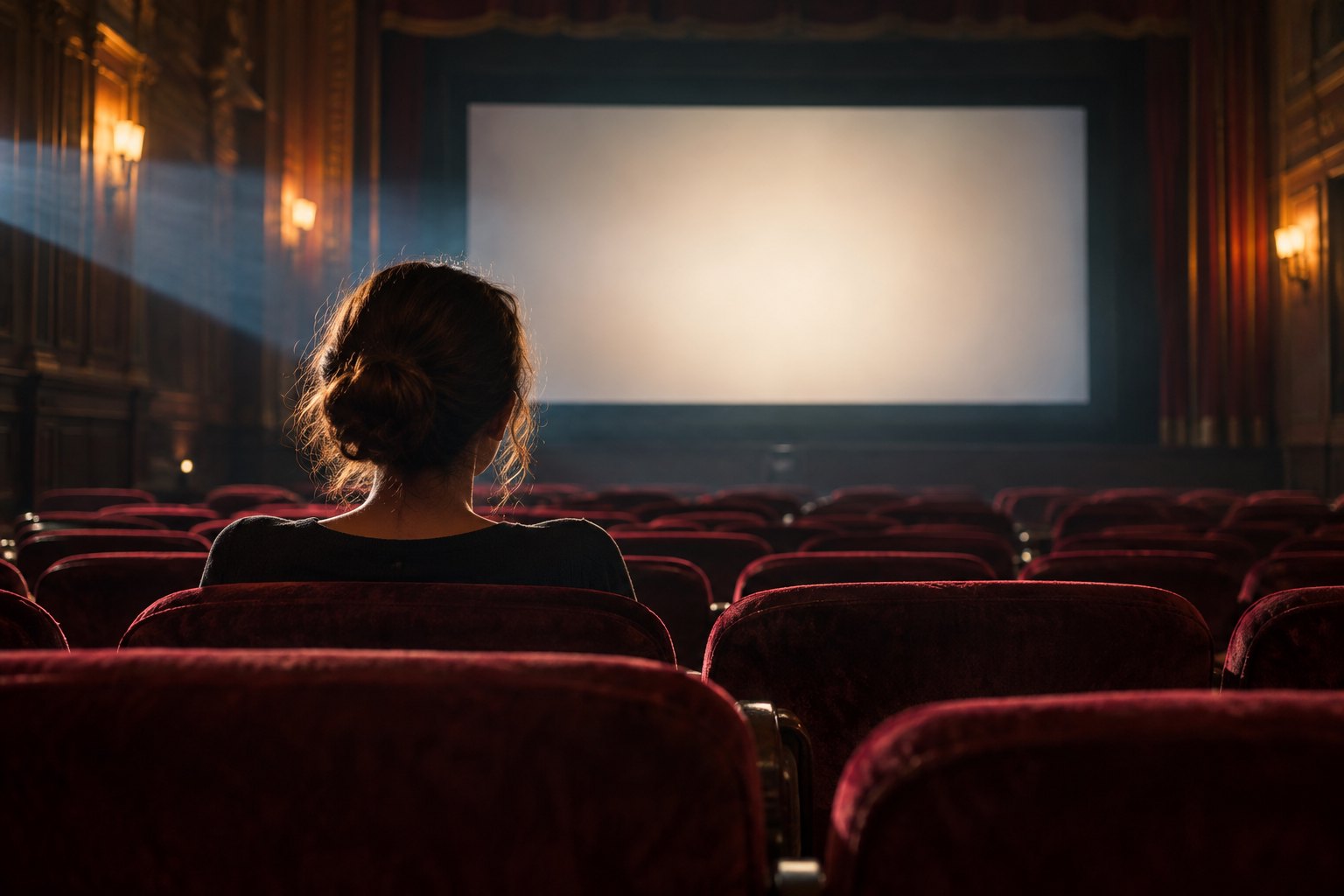 A woman sits among burgundy theater seats facing a luminous blank movie screen.