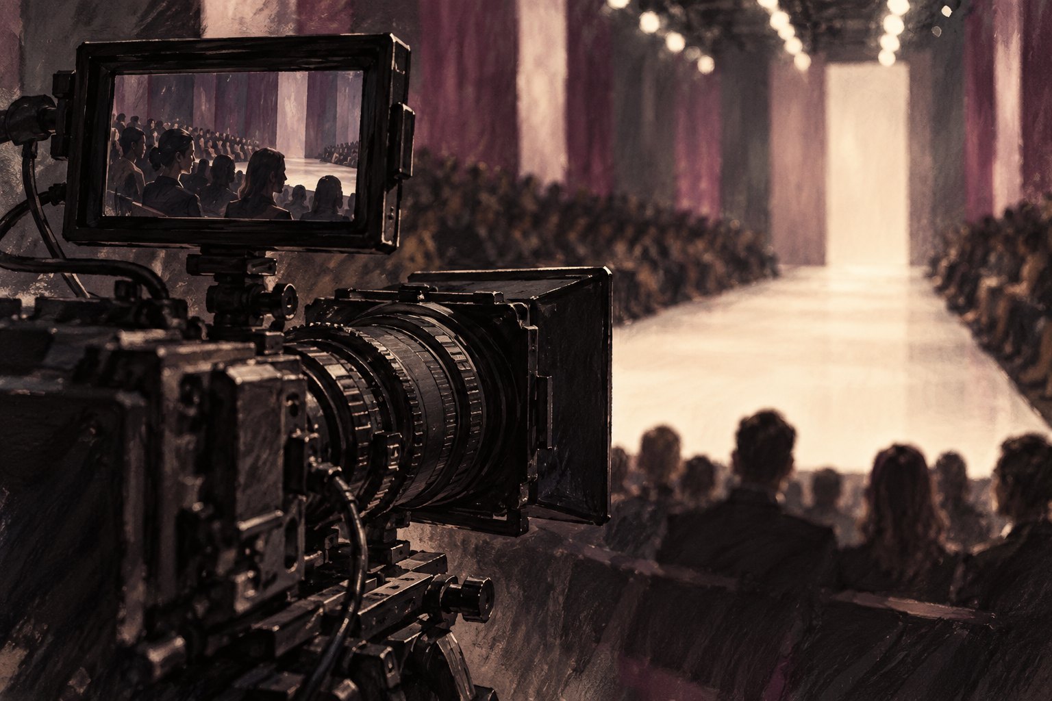 Conceptual illustration of a cinema camera beside a runway, with its monitor framing anonymous audience members.