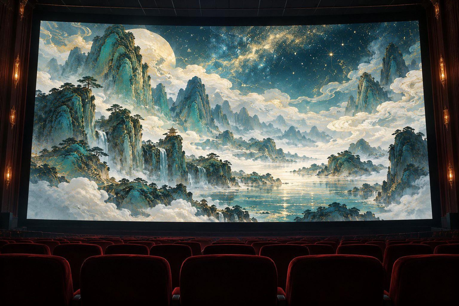 影院银幕上铺展青绿山水与星光的原创主题插画，非影片剧照