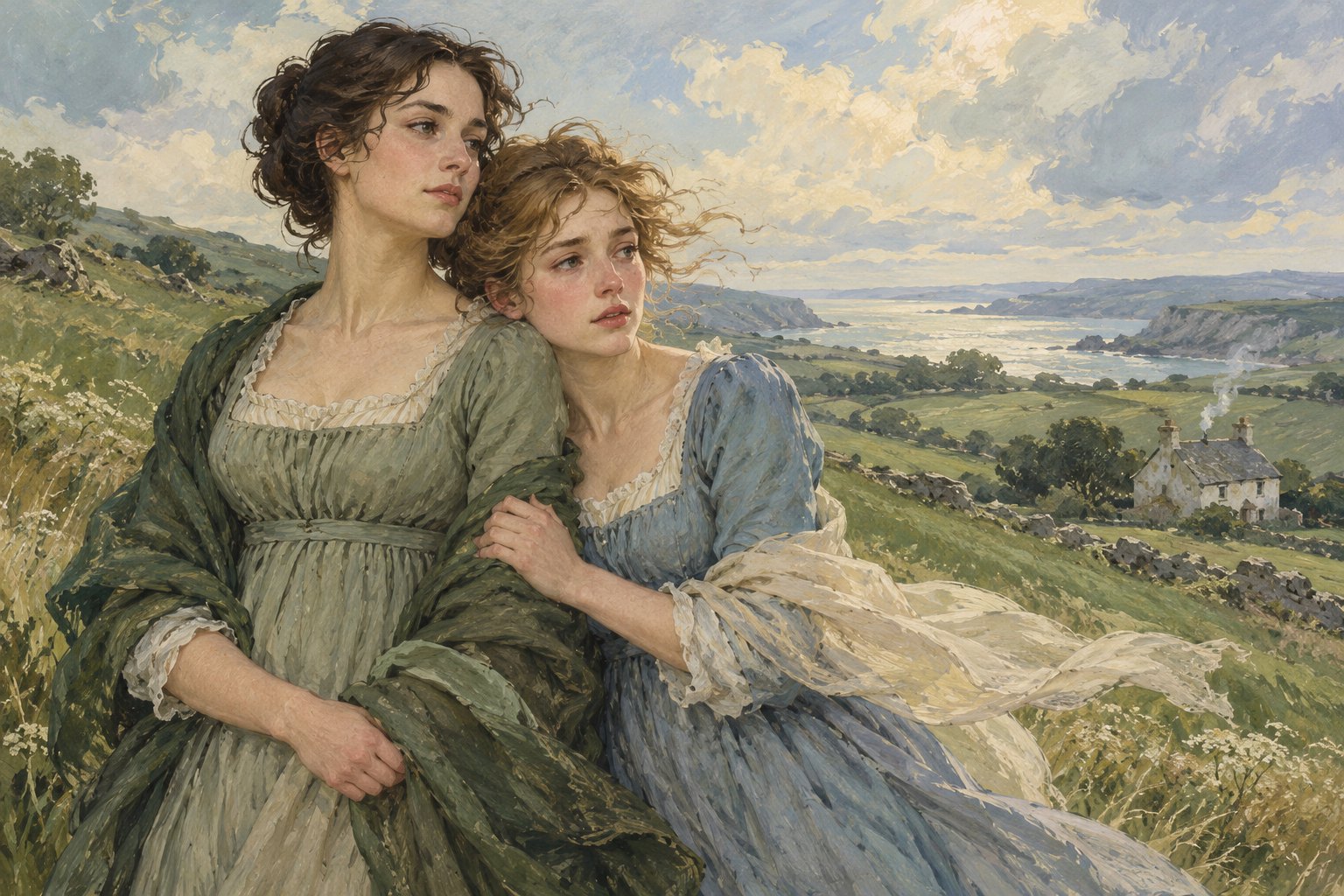 Painterly illustration of two sisters in period dresses standing together on a windswept hill above a country cottage.