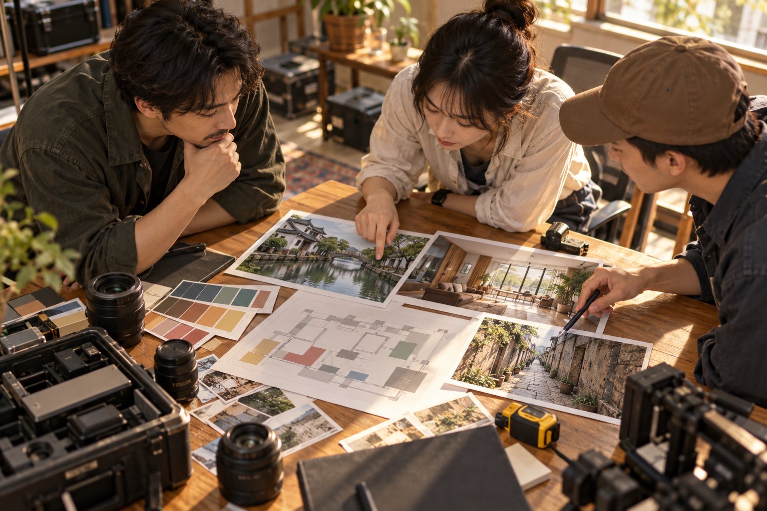 影视筹备人员围坐工作桌,结合场景照片与平面图讨论勘景安排的概念插画