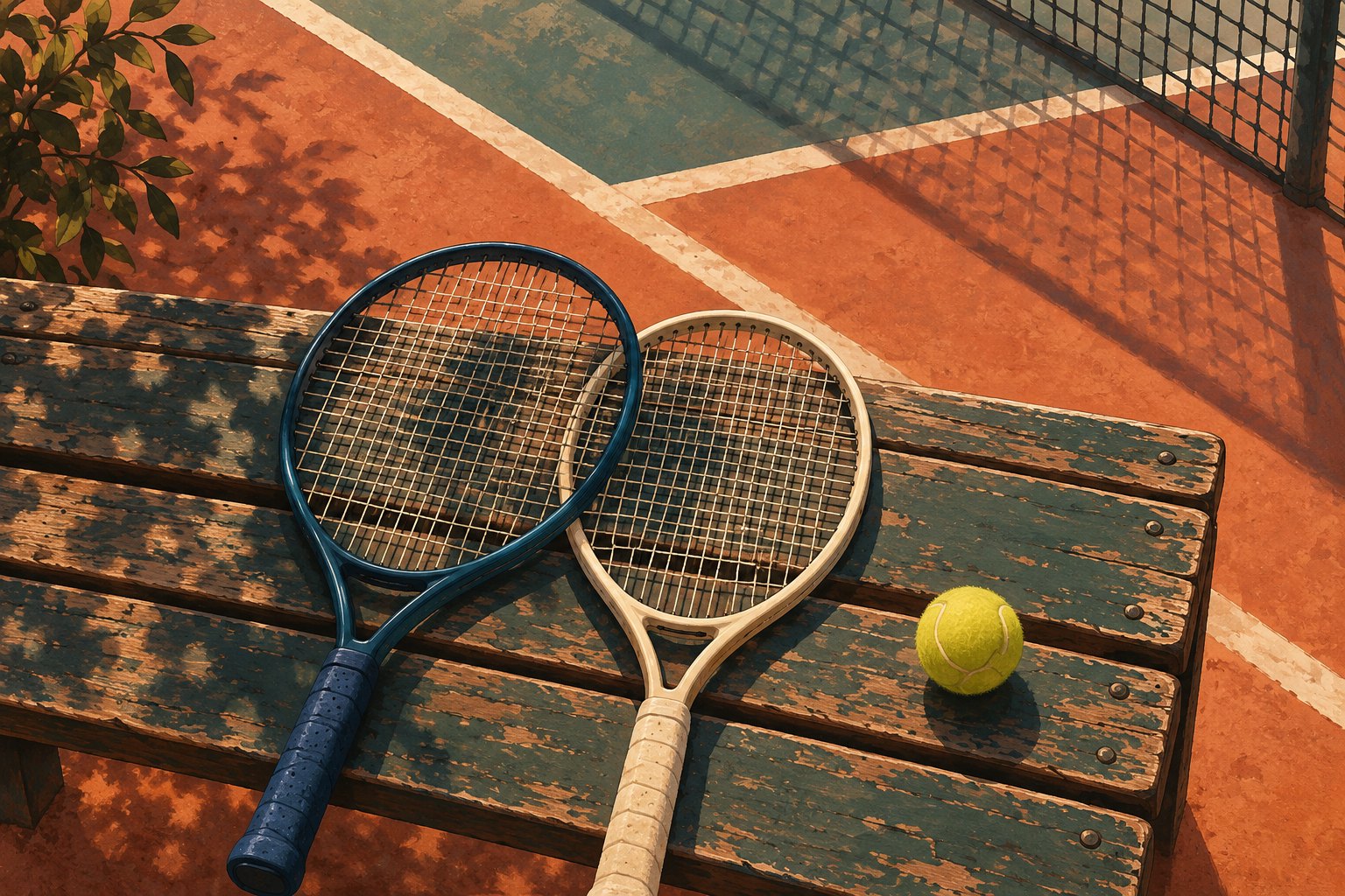 Editorial illustration of two tennis rackets and a yellow ball resting on a weathered courtside bench.