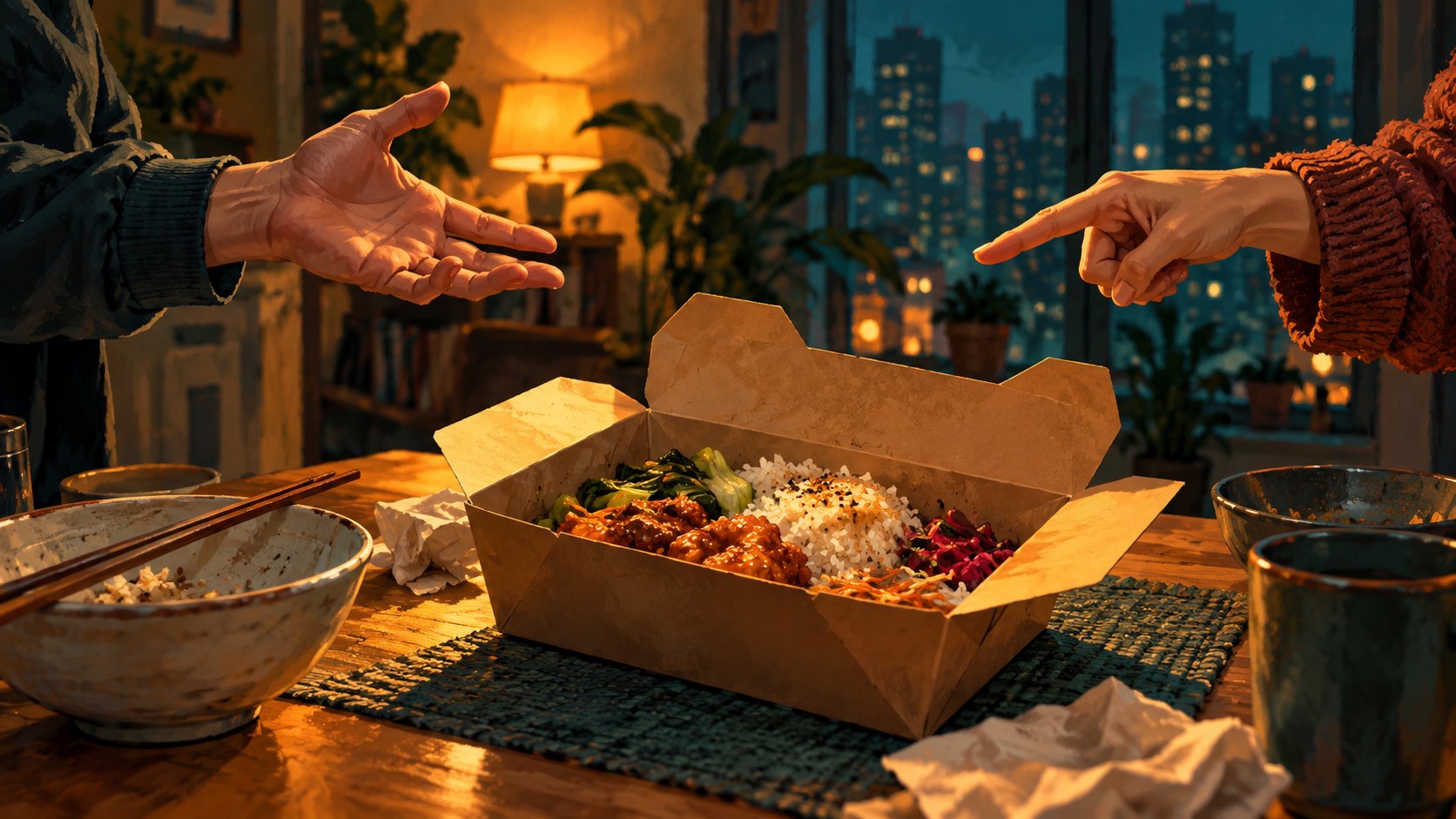 外送餐盒擺在餐桌中央,兩側伸出的手呈現爭執姿態,為非電影劇照的情境插畫。