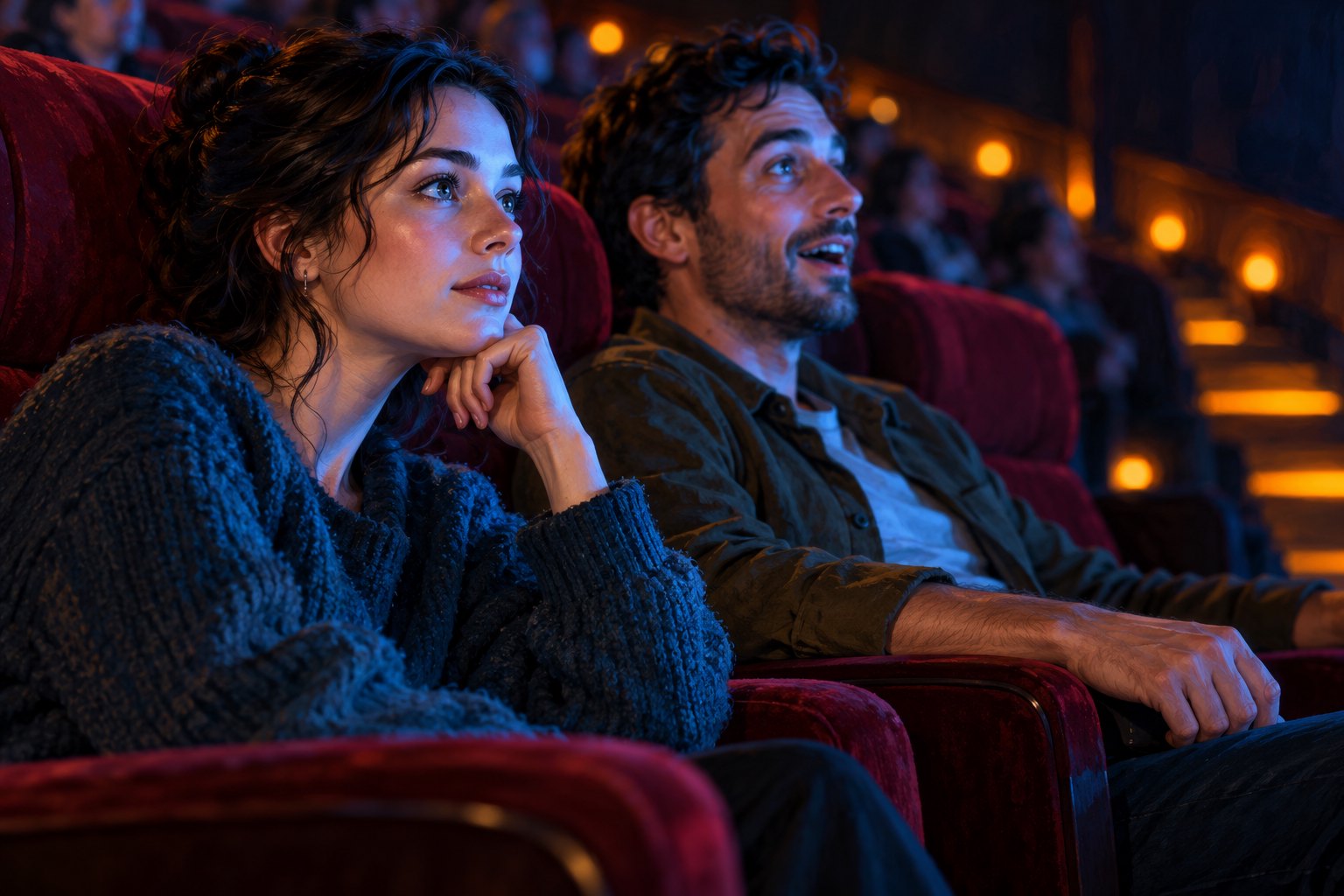 Editorial illustration of two moviegoers watching intently and reacting with surprise in a softly lit cinema.