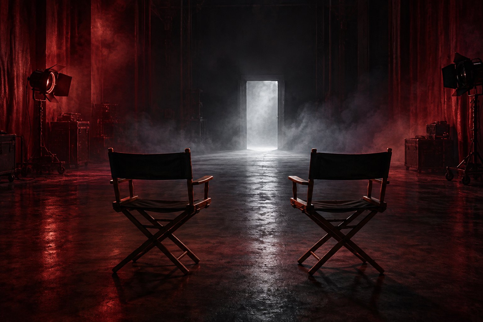 Conceptual illustration of two empty actors’ chairs facing a glowing doorway on a dark, red-lit soundstage.