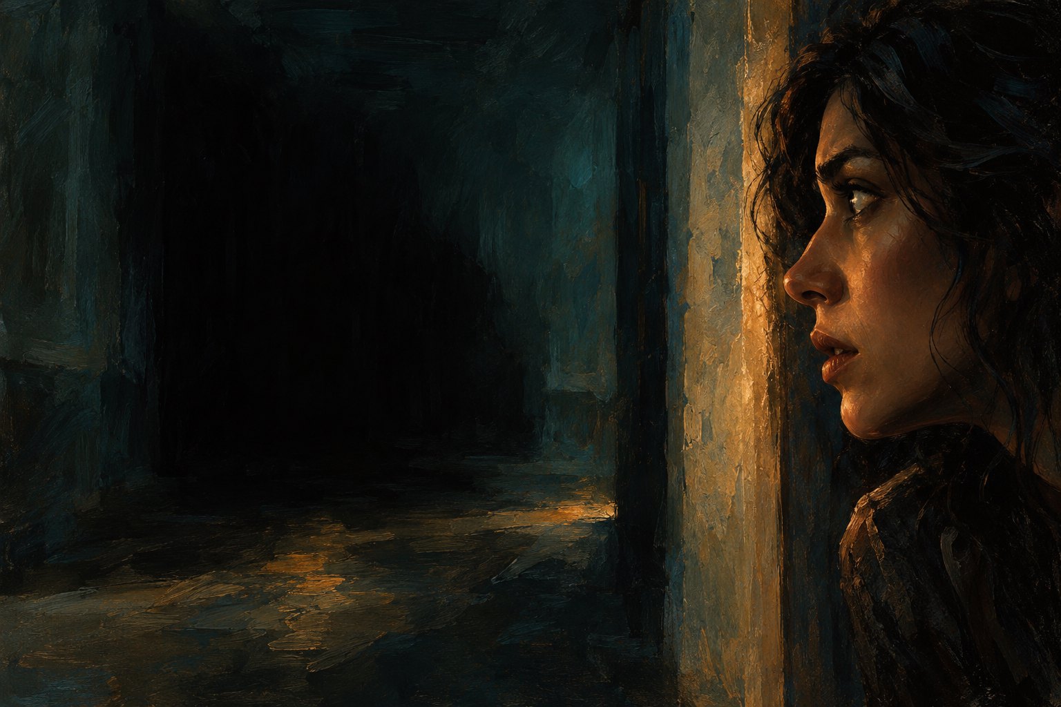 Conceptual illustration of an anonymous woman watching an empty shadowed space, with warm light illuminating her profile.