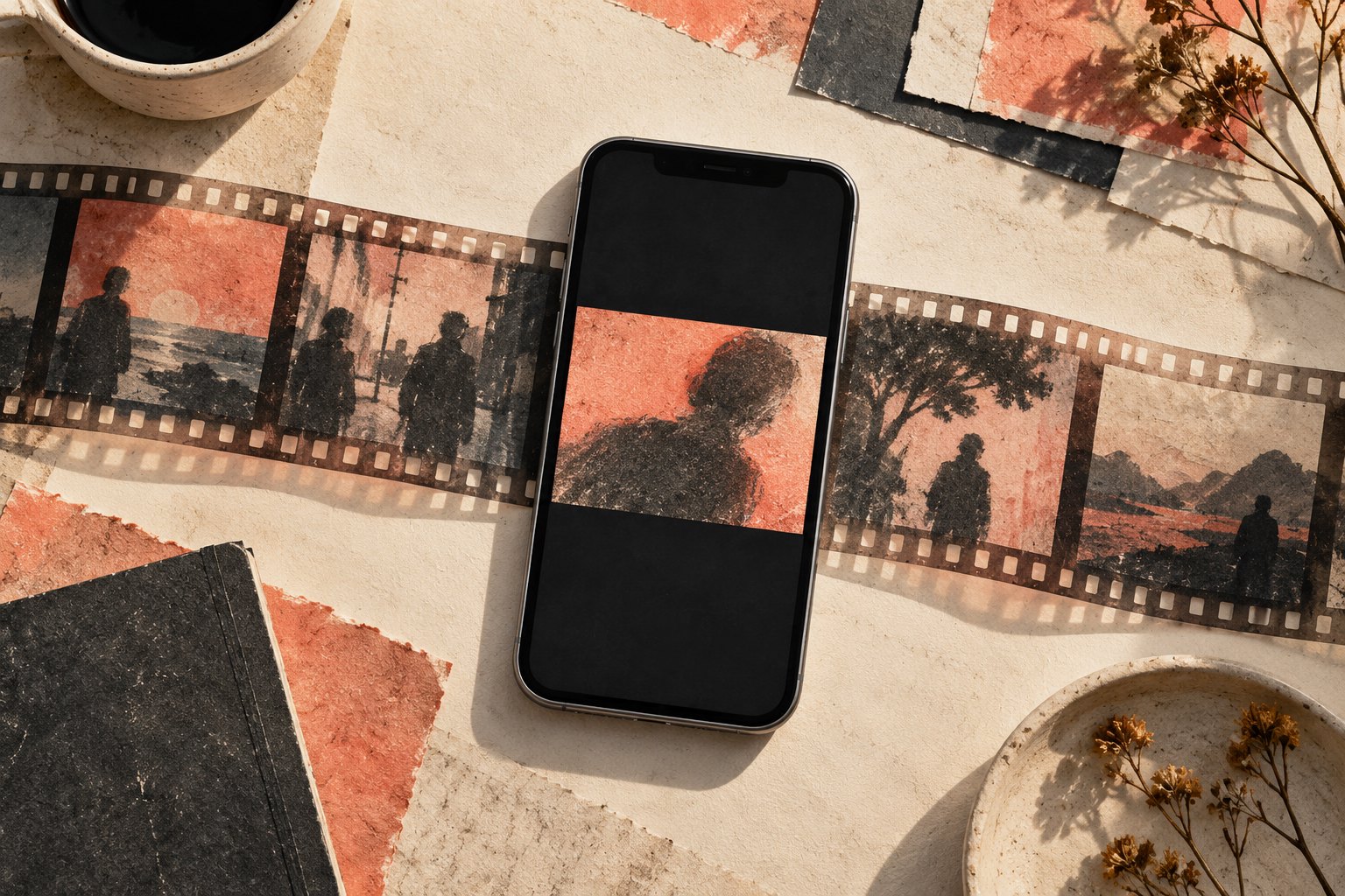 Conceptual illustration of a smartphone displaying a cropped silhouette above a longer strip of film.
