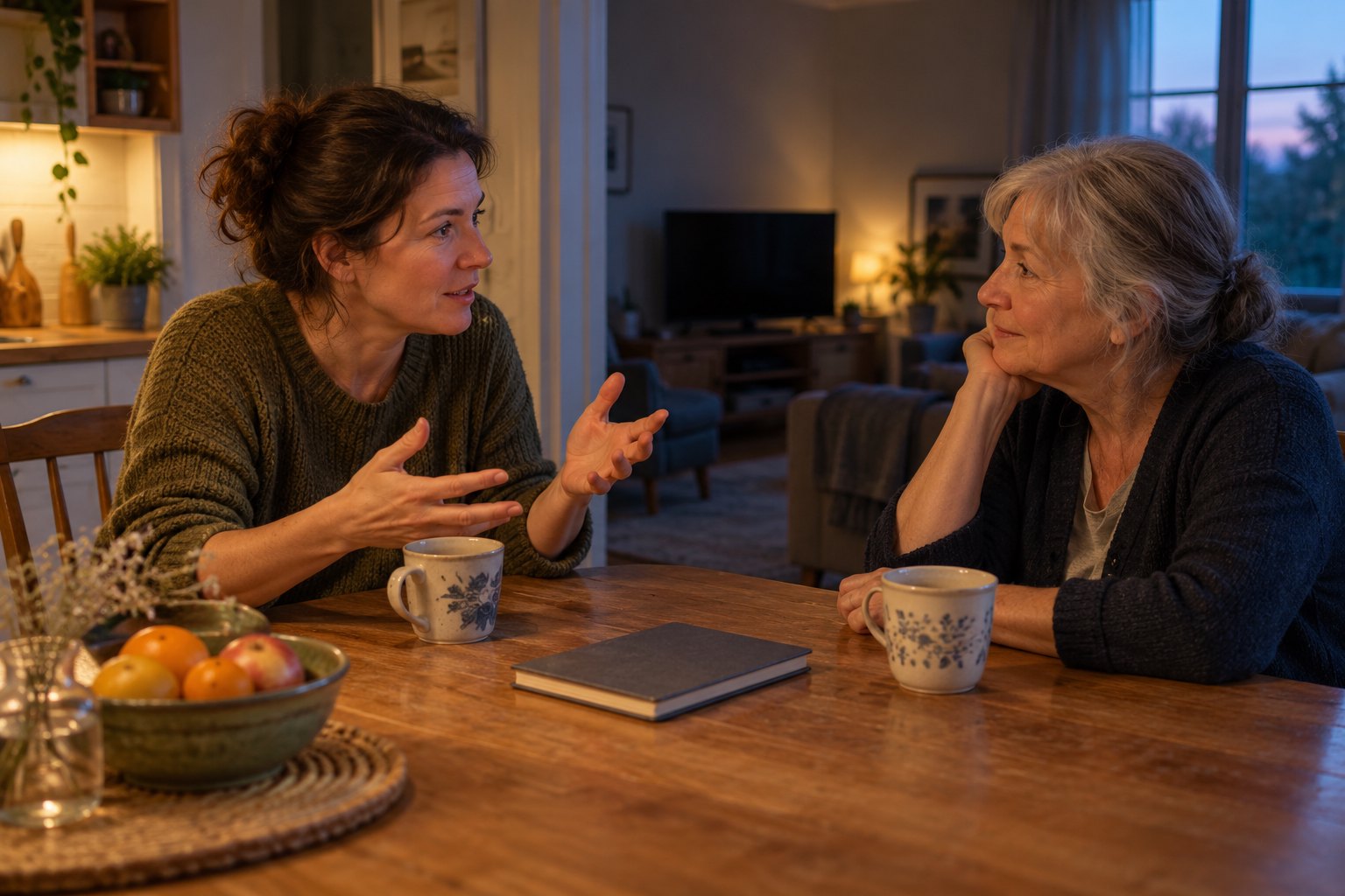 Two women of different generations talk over mugs at a kitchen table at dusk.