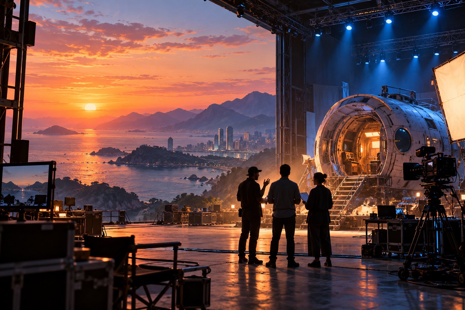 海湾暮色与摄影棚内的太空舱布景、摄影机和创作者背影相映,科幻电影创作概念插画
