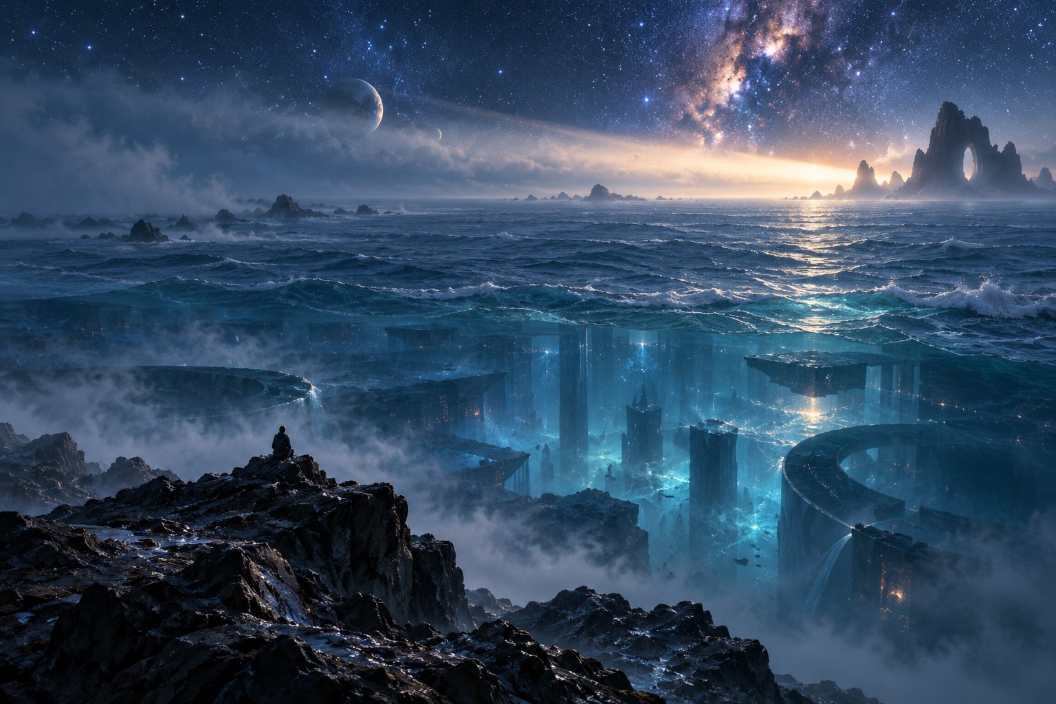 海洋科幻概念插画:观海者面向暮色海面,光束与星空交织出未知空间