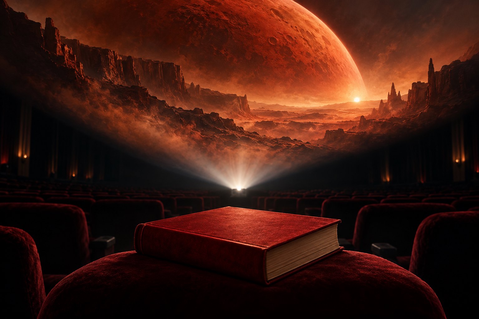 An unmarked crimson book rests in an empty cinema beneath a glowing red planetary landscape in a conceptual illustration.