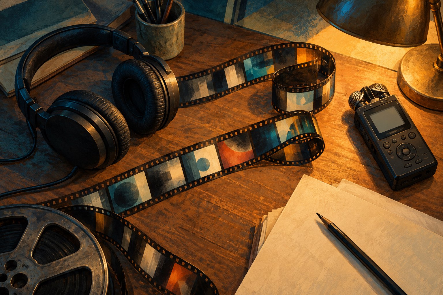 Conceptual illustration of headphones, film strips, and an audio recorder on a warmly lit wooden editing desk.