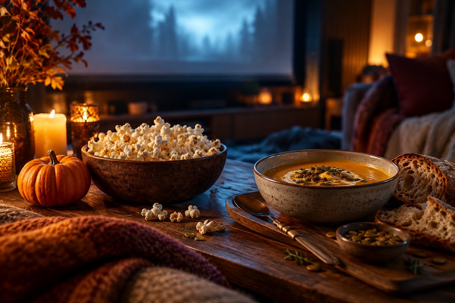 Popcorn, squash soup, rustic bread, and a small pumpkin on a wooden table in a dimly lit movie room.