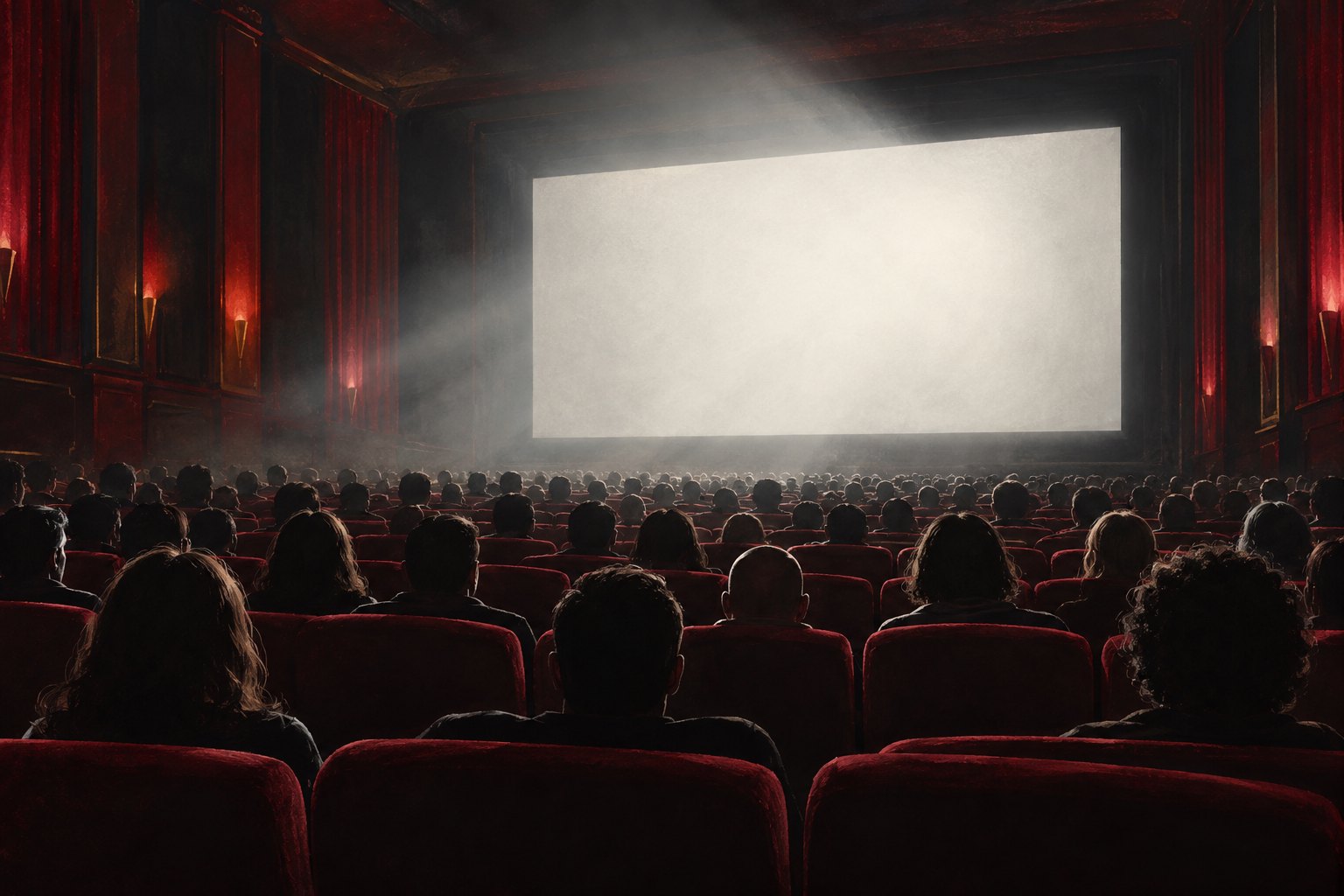 Conceptual illustration of an audience in red theater seats facing a blank illuminated movie screen.