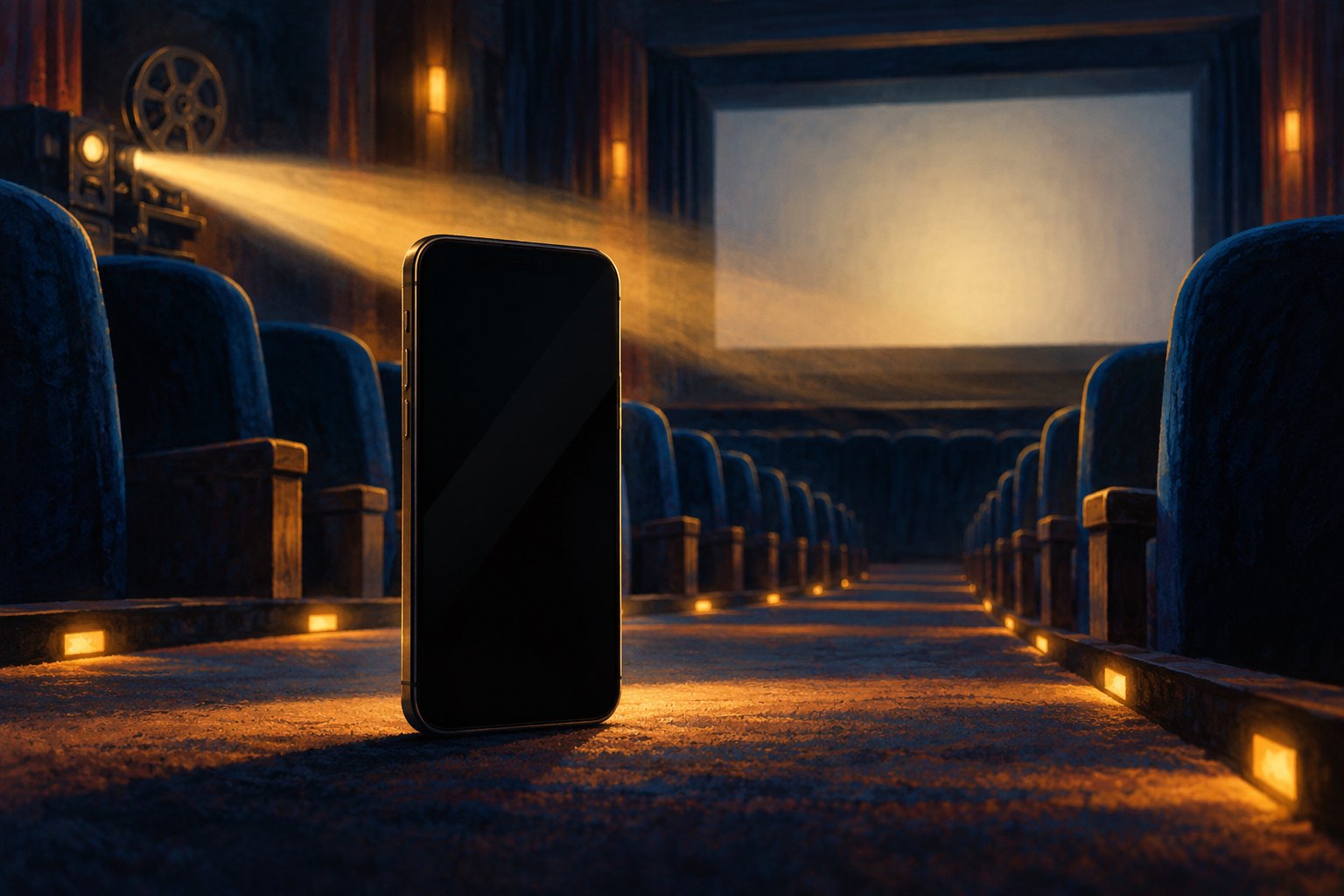 Editorial illustration of a blank smartphone standing in a blue cinema aisle beneath a warm projector beam.