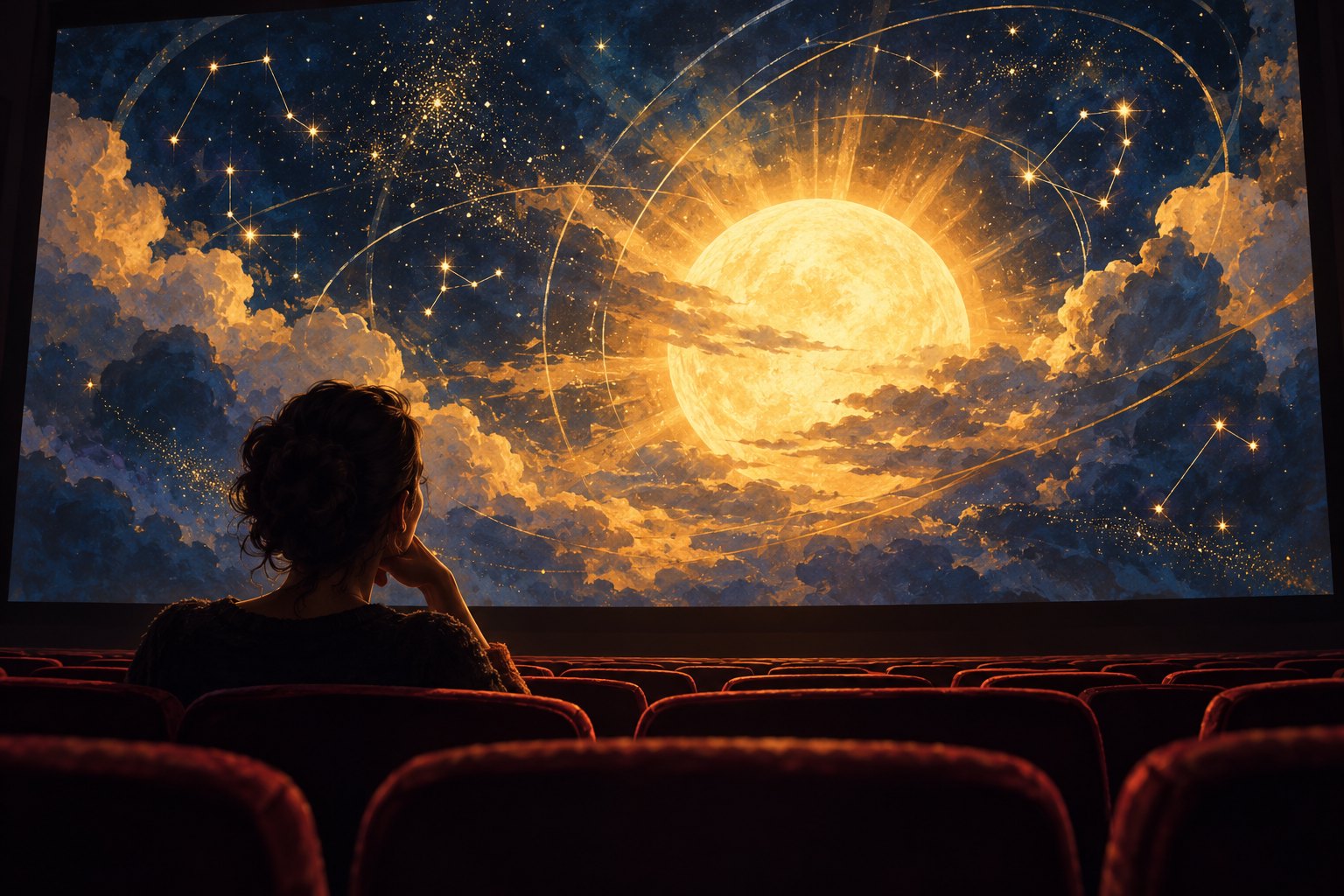 觀眾坐在電影院中，凝視銀幕上金色太陽與星空交織的想像畫面