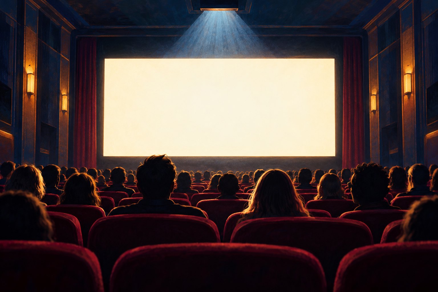 Conceptual illustration of a crowded movie theater facing a blank illuminated screen.