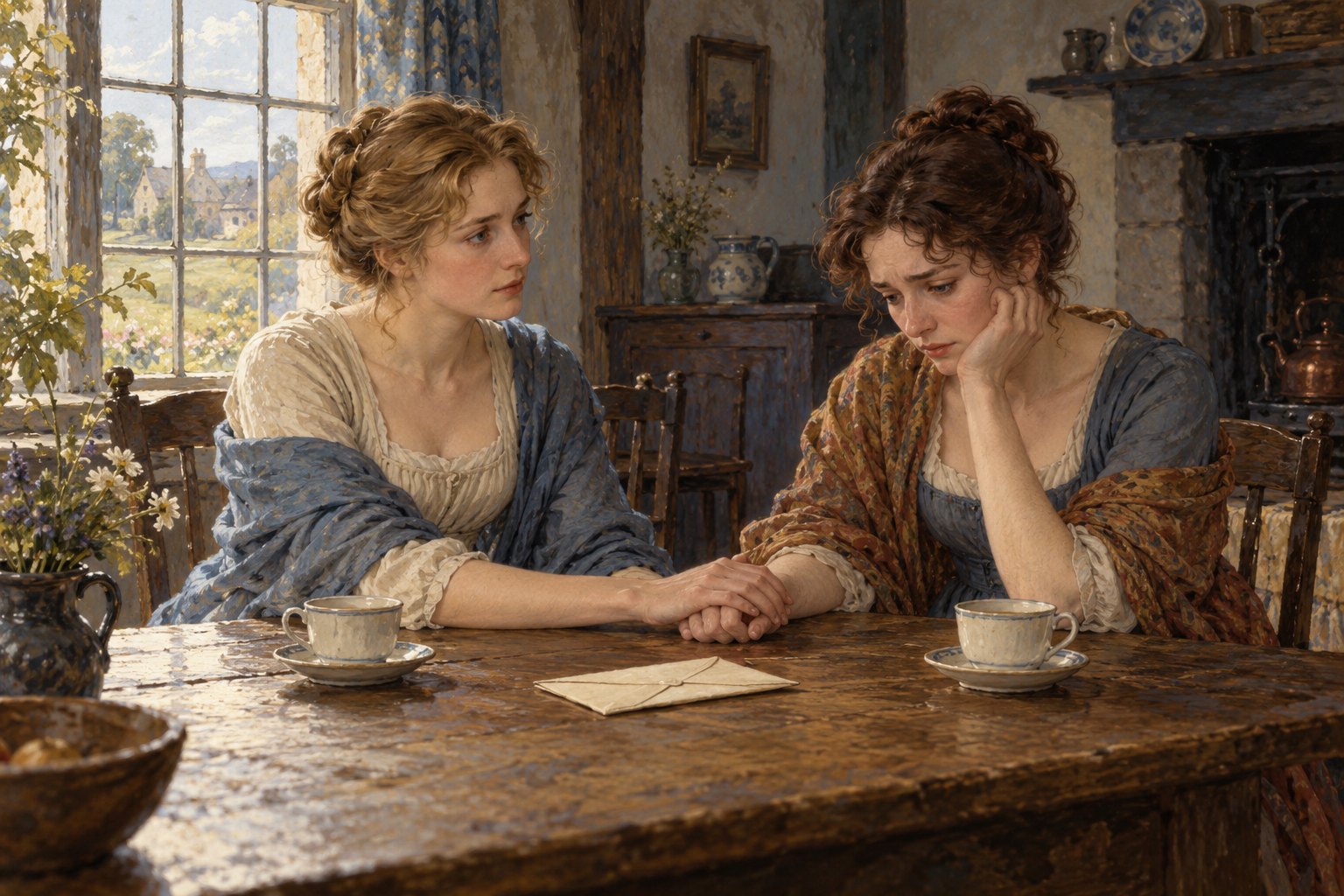 Interpretive illustration of two sisters sharing a reassuring touch across a cottage table beside a folded letter and teacups.