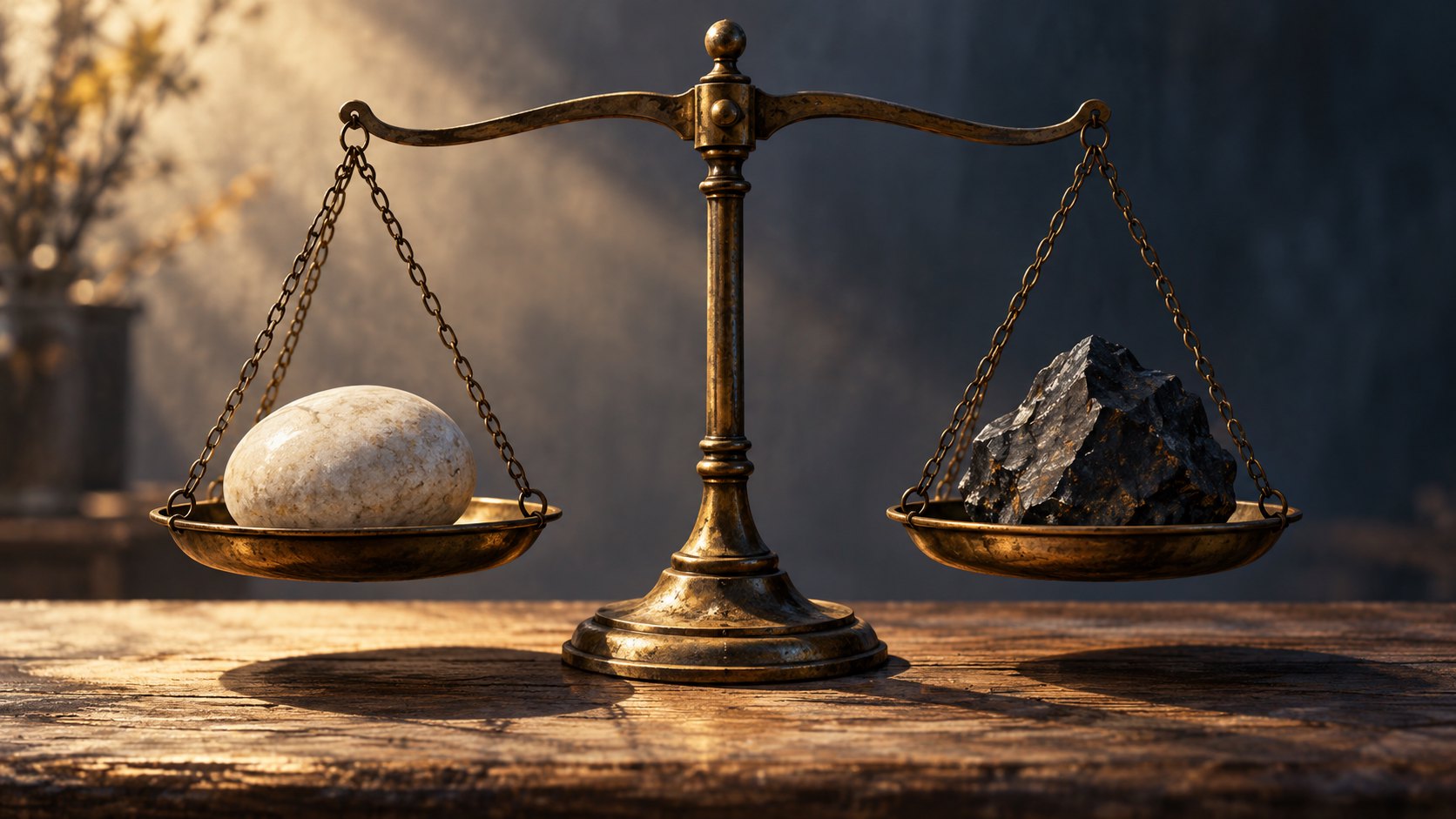 概念插畫:黃銅天秤兩端分別放著淺色圓石與深色粗石,象徵道德判斷,非電影劇照